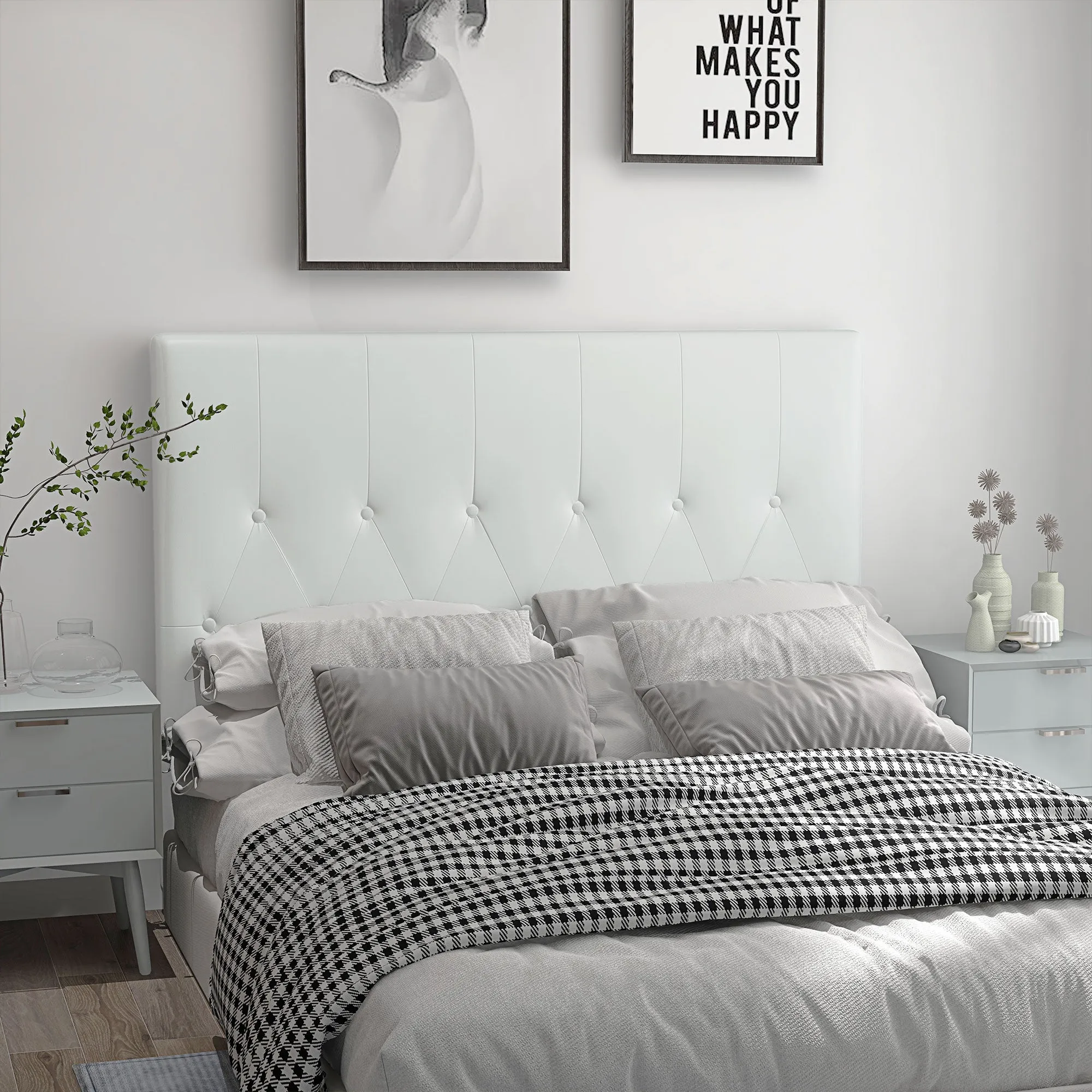 Double Bed Headboard Padded with Button Design, PU Leather and MDF, 160x7x120 cm, White - Image 2