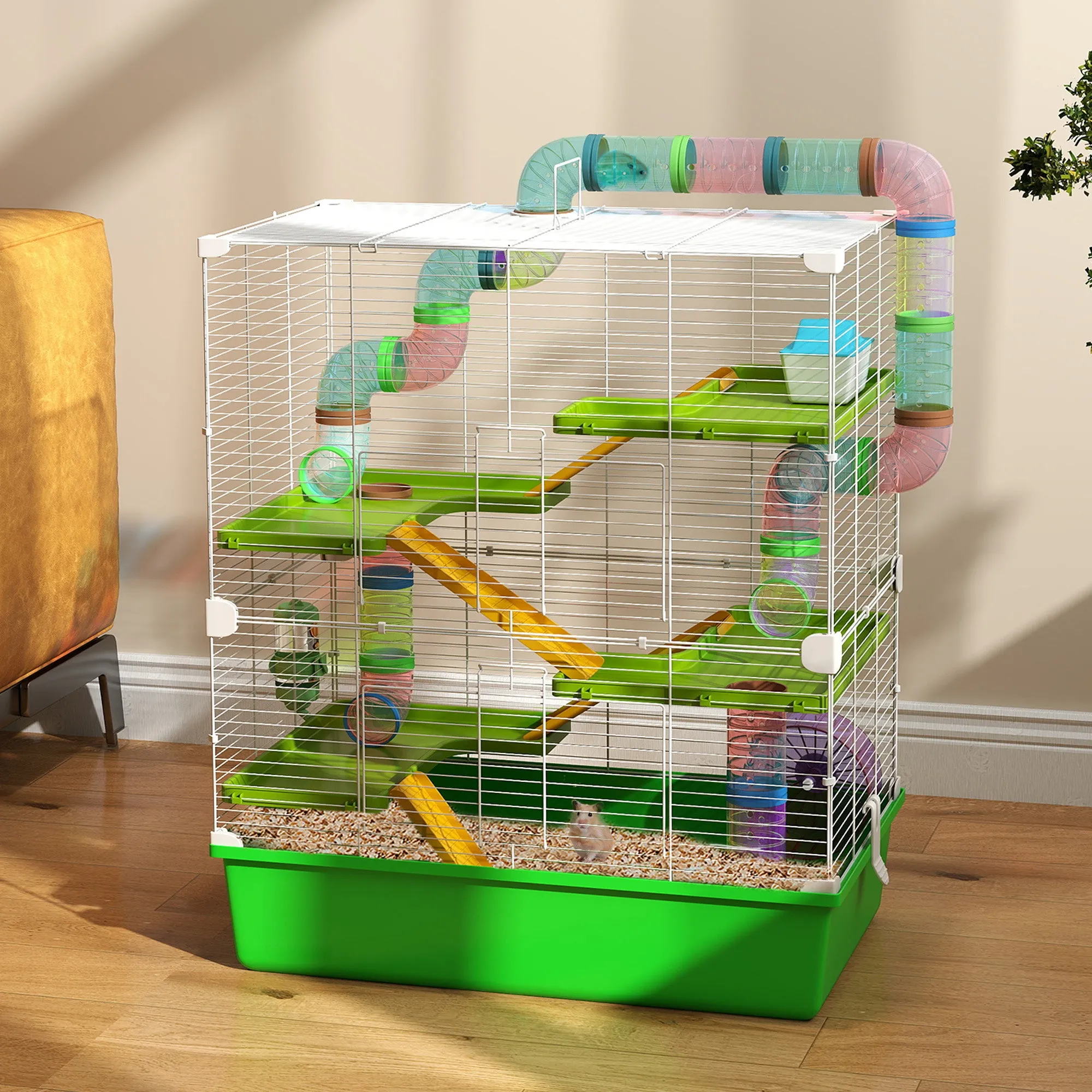 5-Tier Hamster Cage with Tubes, House, Tank and Wheel, Made of Steel, PP and PS, 59x36x69 cm, Green and White - Image 2