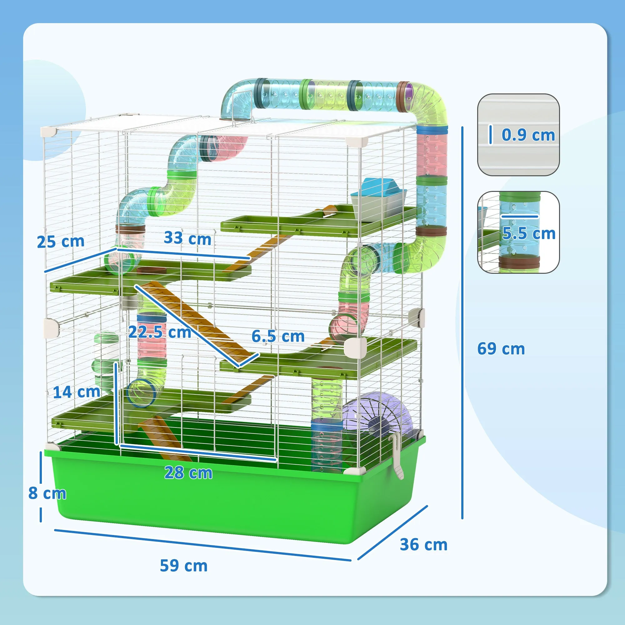5-Tier Hamster Cage with Tubes, House, Tank and Wheel, Made of Steel, PP and PS, 59x36x69 cm, Green and White - Image 3