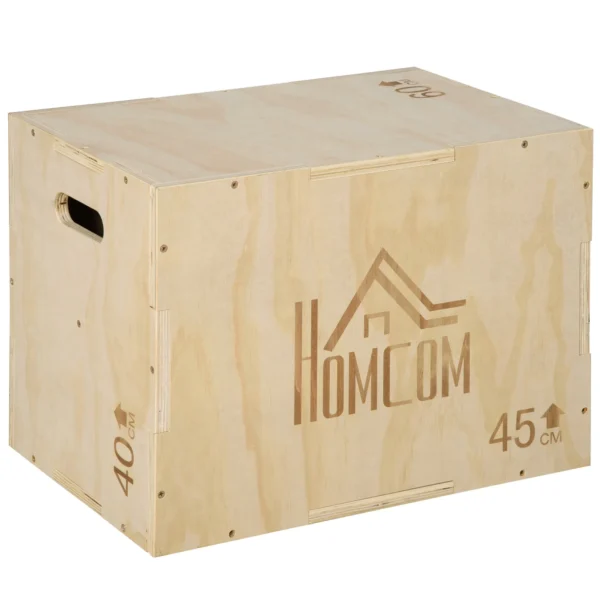 3-Height Adjustable Jump Box for Home and Gym, Beech Wood, 45x40x60 cm