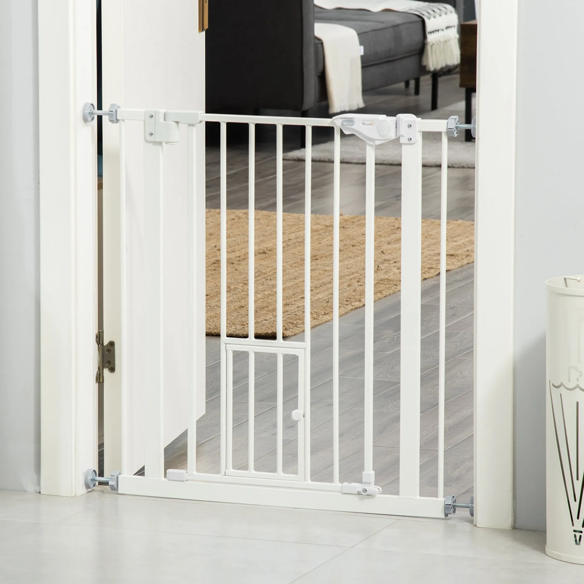 Dog Gate with Small Door, Pressure Fit and Self-Closing, 74-80x76.2cm, White - Image 2