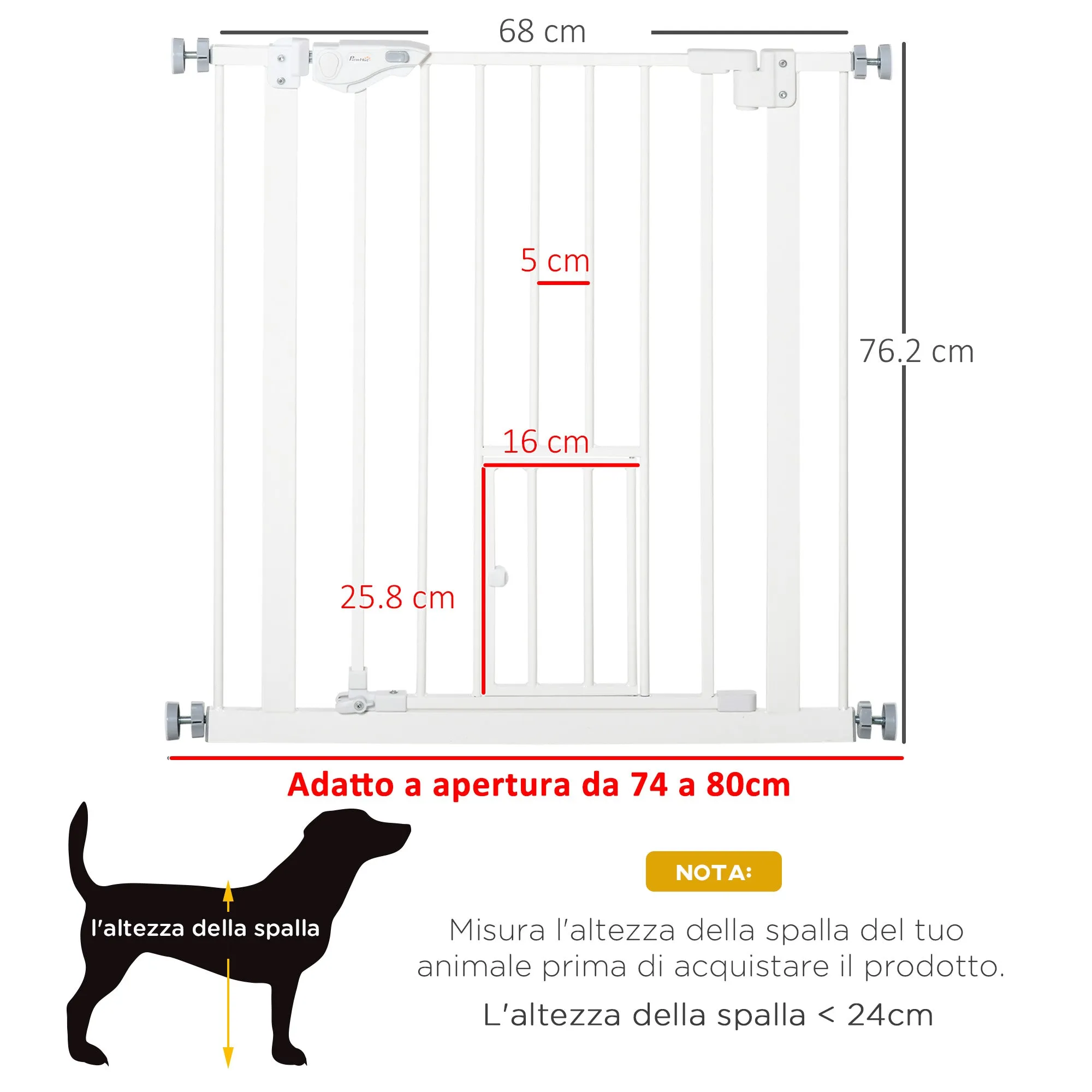 Dog Gate with Small Door, Pressure Fit and Self-Closing, 74-80x76.2cm, White - Image 3