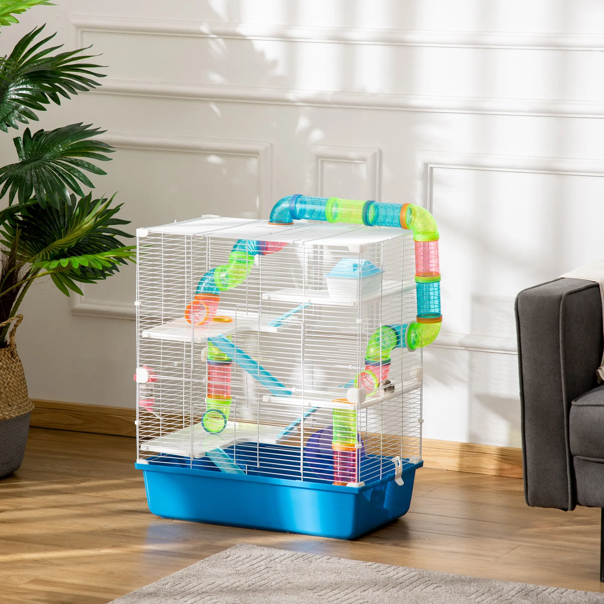5-Level Hamster Cage with Tubes, House, Tank and Wheel, Made of Steel, PP and PS, 59x36x69 cm, Blue and White - Image 2
