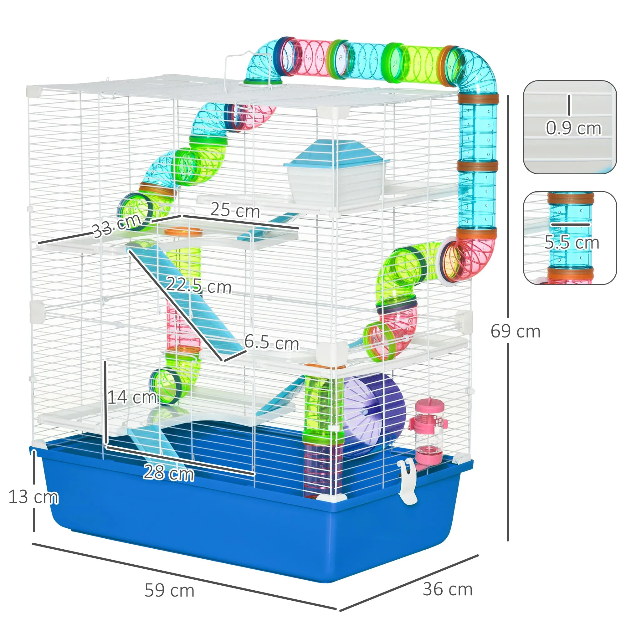 5-Level Hamster Cage with Tubes, House, Tank and Wheel, Made of Steel, PP and PS, 59x36x69 cm, Blue and White - Image 3