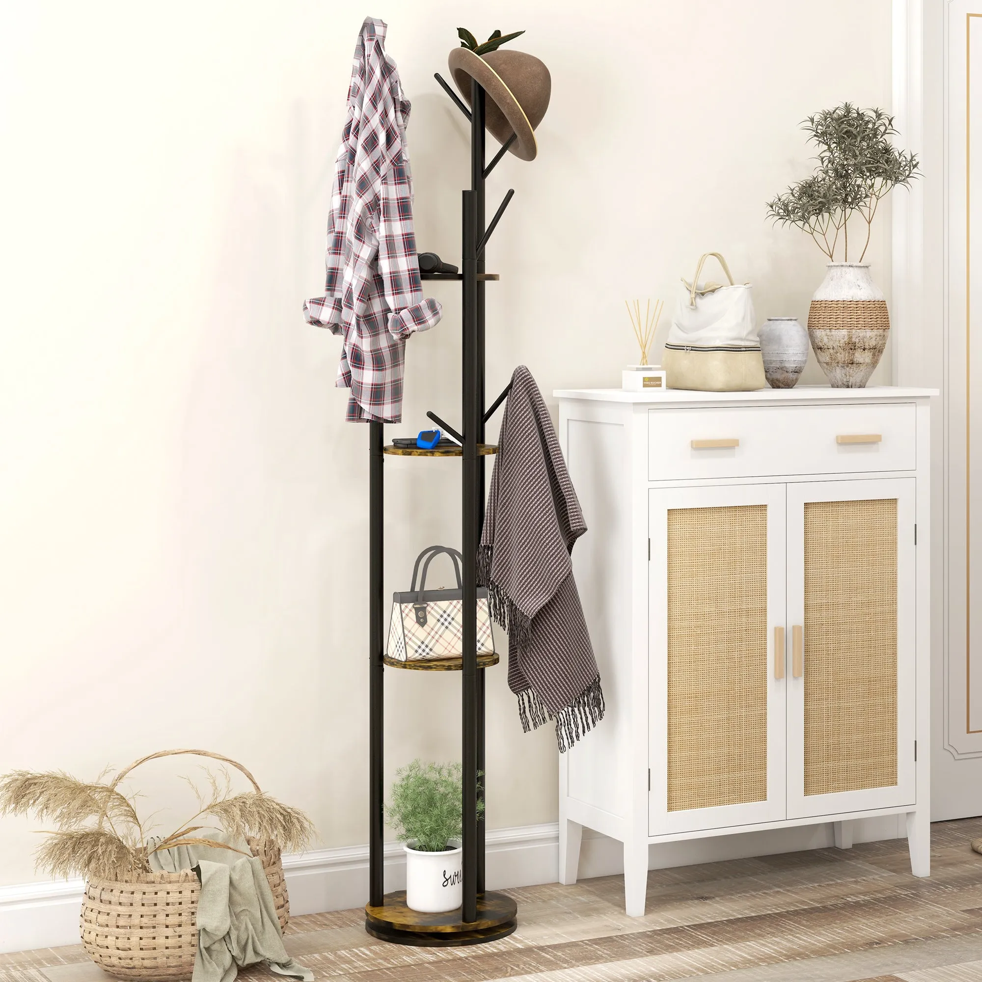 Industrial Style Rotating Floor Coat Rack with 8 Hooks and 4 Shelves, Ø30x175cm, Brown - Image 2