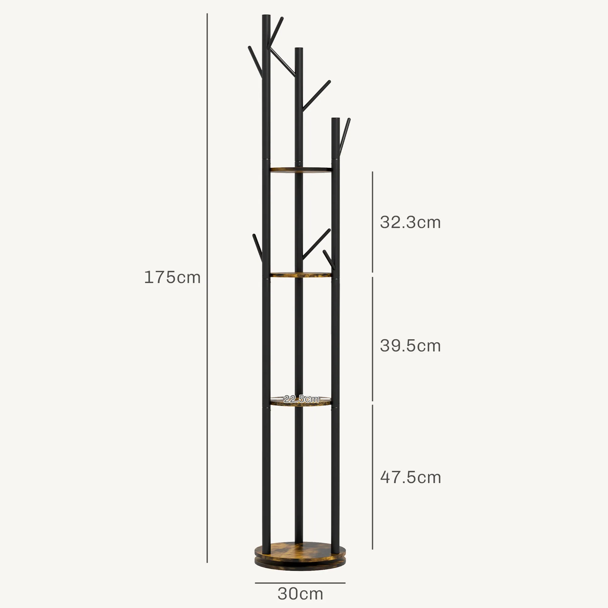 Industrial Style Rotating Floor Coat Rack with 8 Hooks and 4 Shelves, Ø30x175cm, Brown - Image 3
