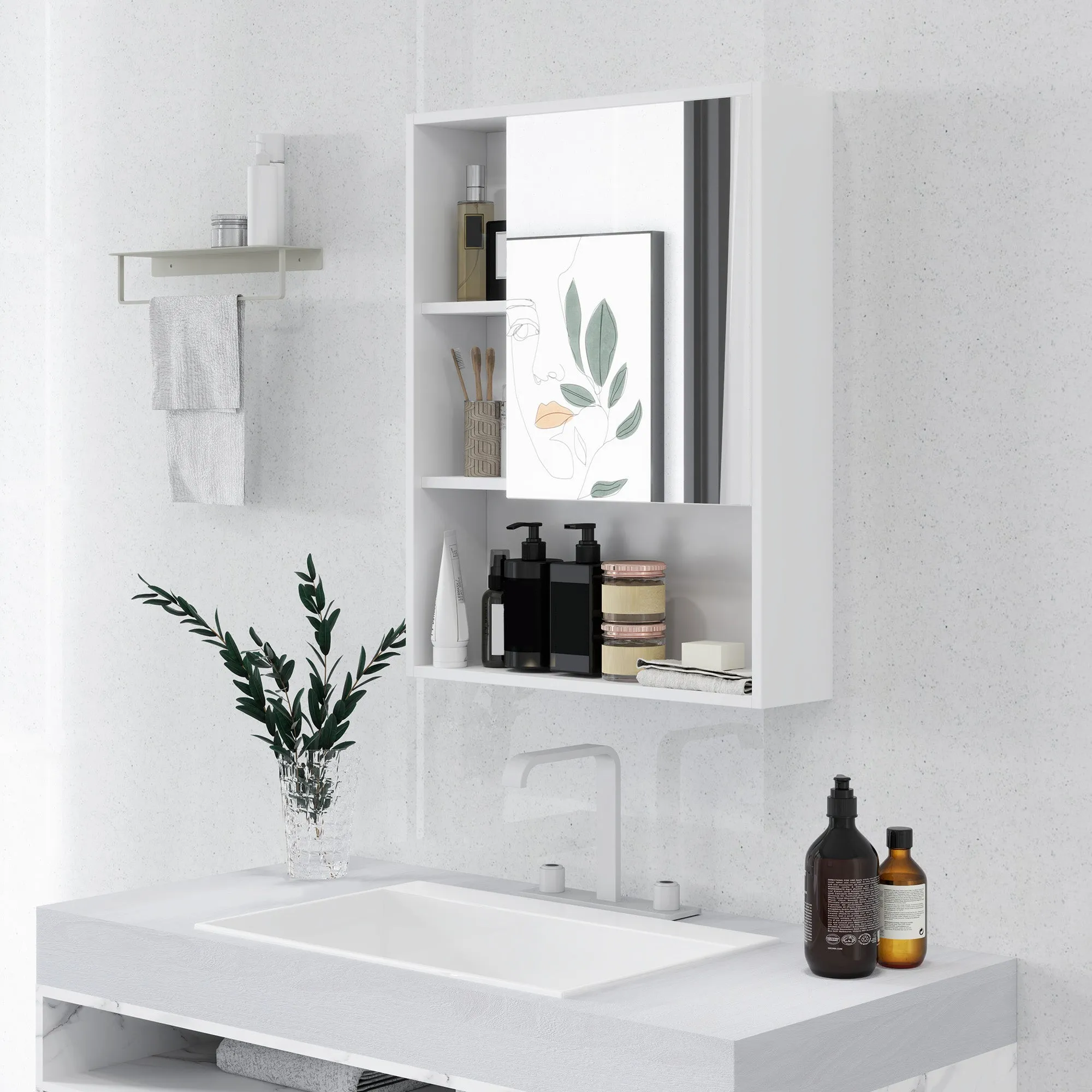 Bathroom Cabinet with Mirror, Shelves and Adjustable Shelf, Wall Mounted, 60x15x76cm, White - Image 2