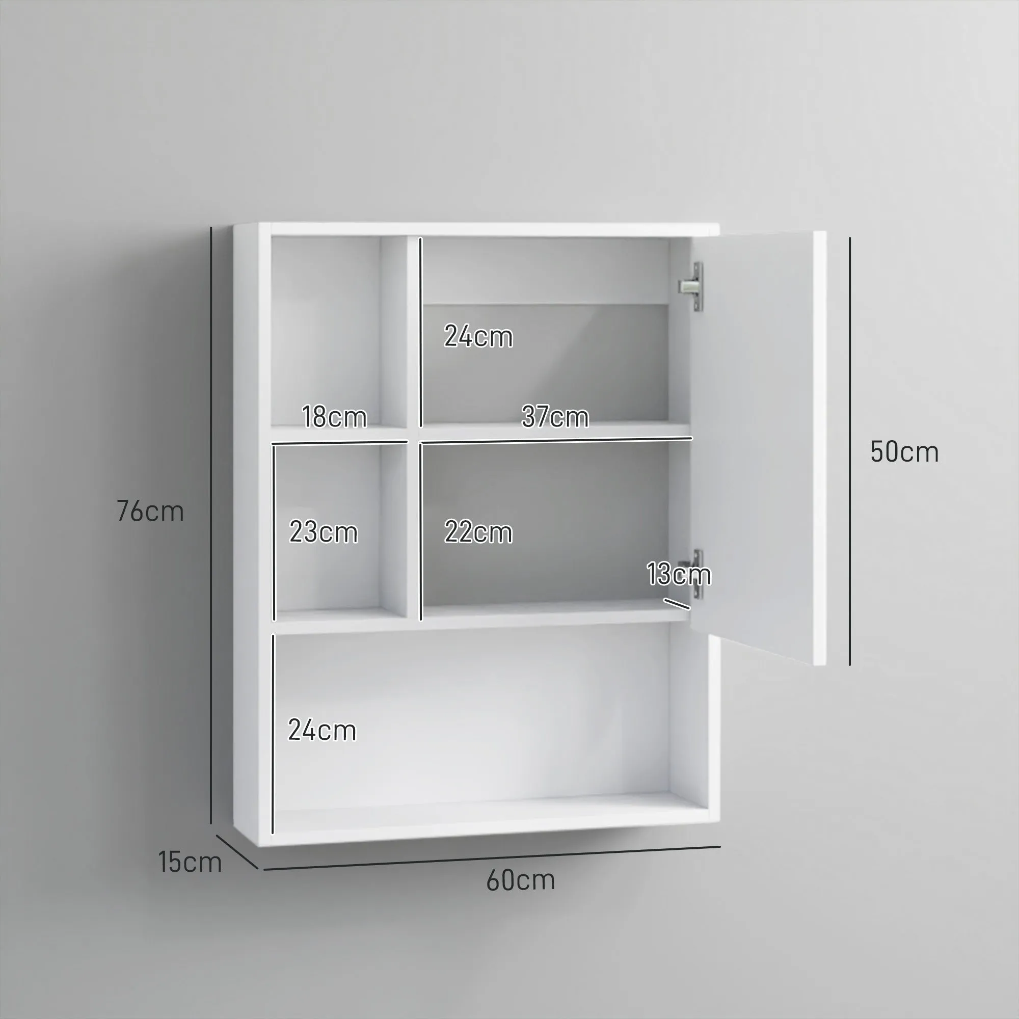 Bathroom Cabinet with Mirror, Shelves and Adjustable Shelf, Wall Mounted, 60x15x76cm, White - Image 3