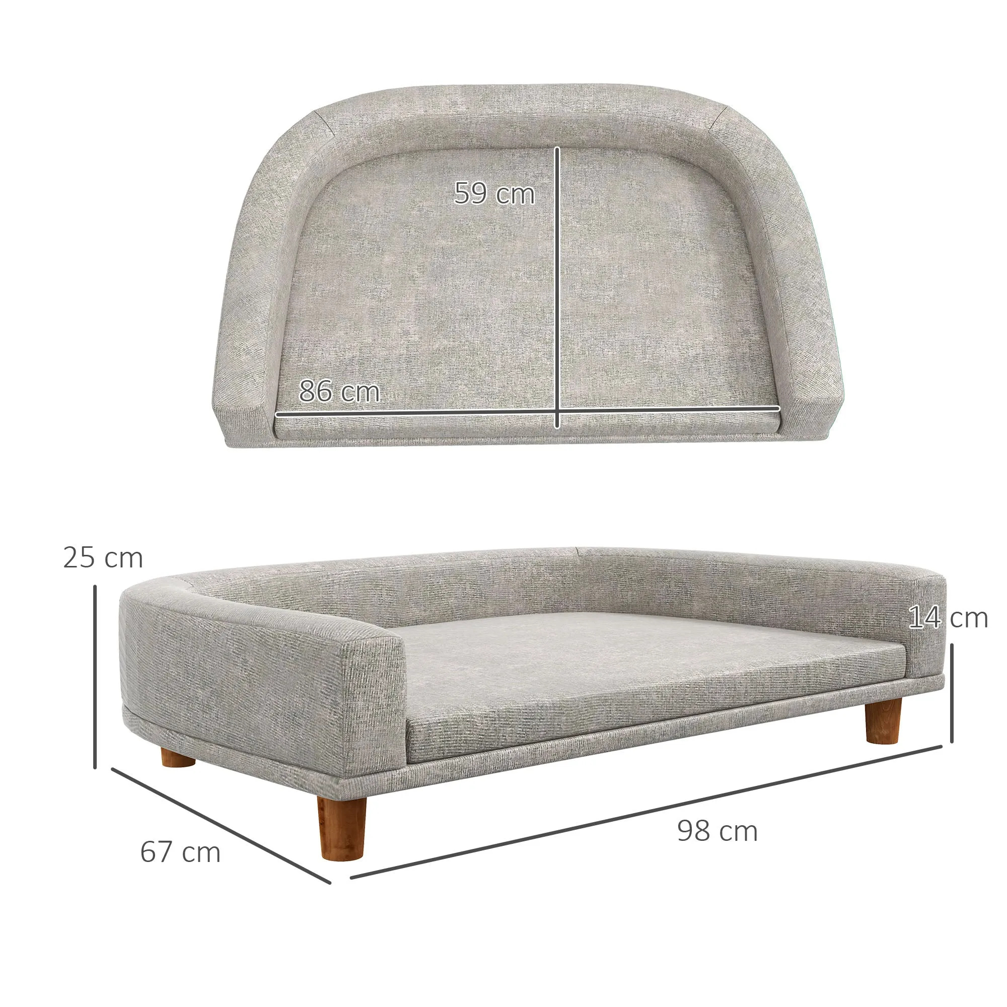 Large Dog Sofa with Removable Cushion, Polyester and Wood, 98x67x25 cm, Grey - Image 3