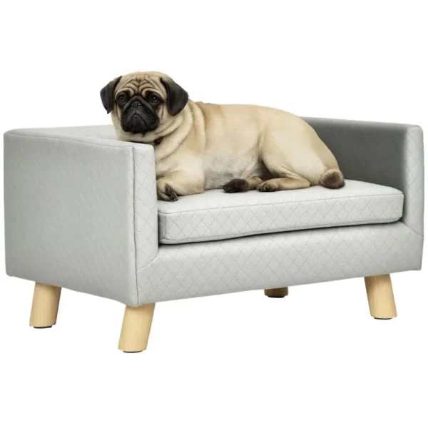 Scandinavian Style Dog and Cat Sofa with Upholstered Velvet and Wood Cushion, 64x45x36cm, Grey