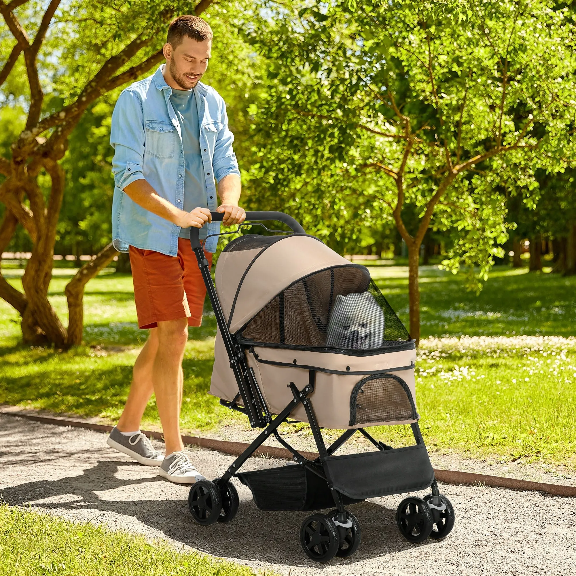 Folding Dog Stroller with Swivel Handle, Braked Wheels and Basket, Brown - Image 2