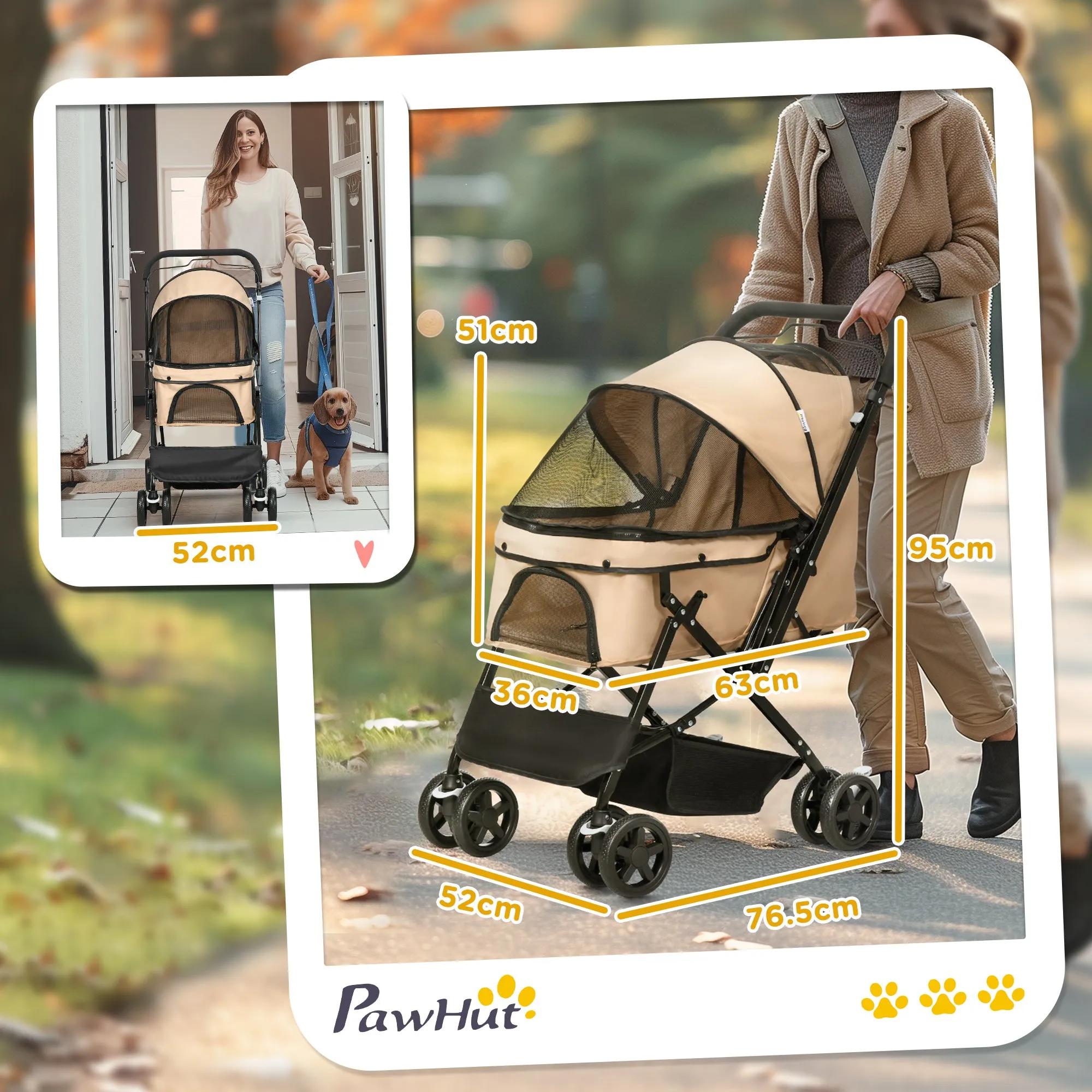 Folding Dog Stroller with Swivel Handle, Braked Wheels and Basket, Brown - Image 3