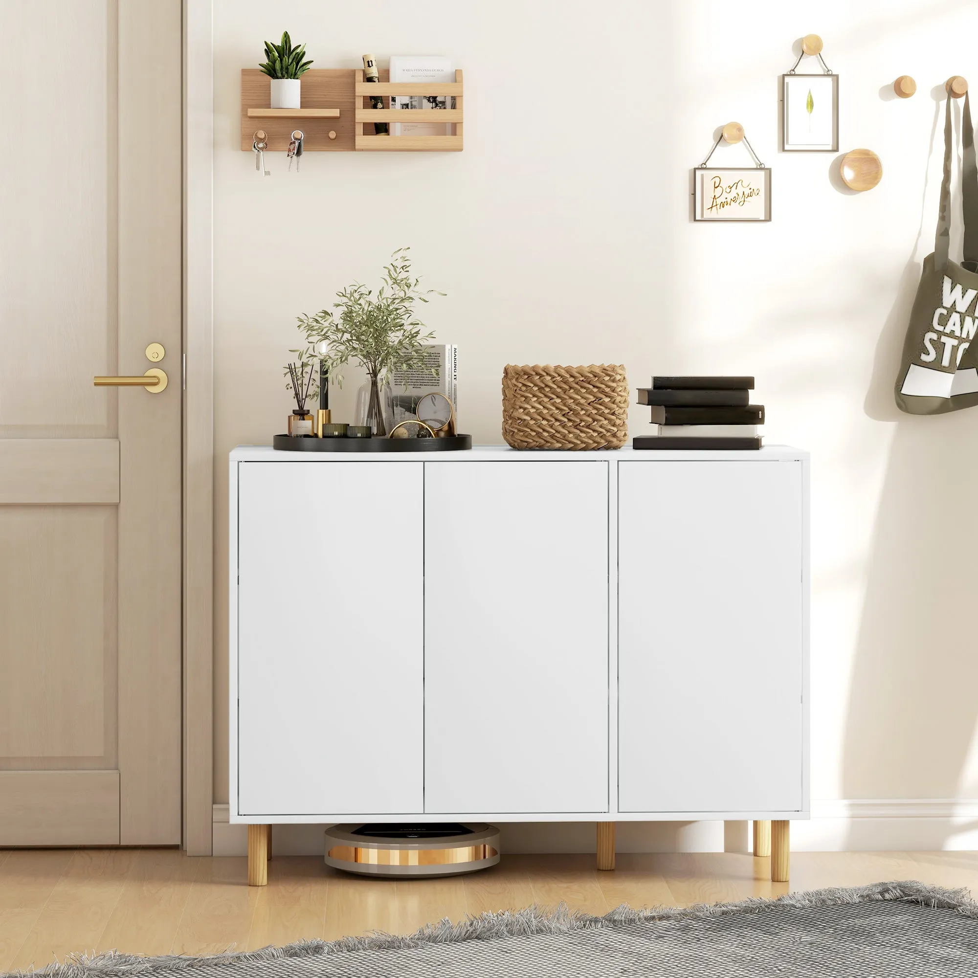 Modern Sideboard with 2 Cabinets and 3 Shelves in Wood, 107x40x80 cm, White - Image 2