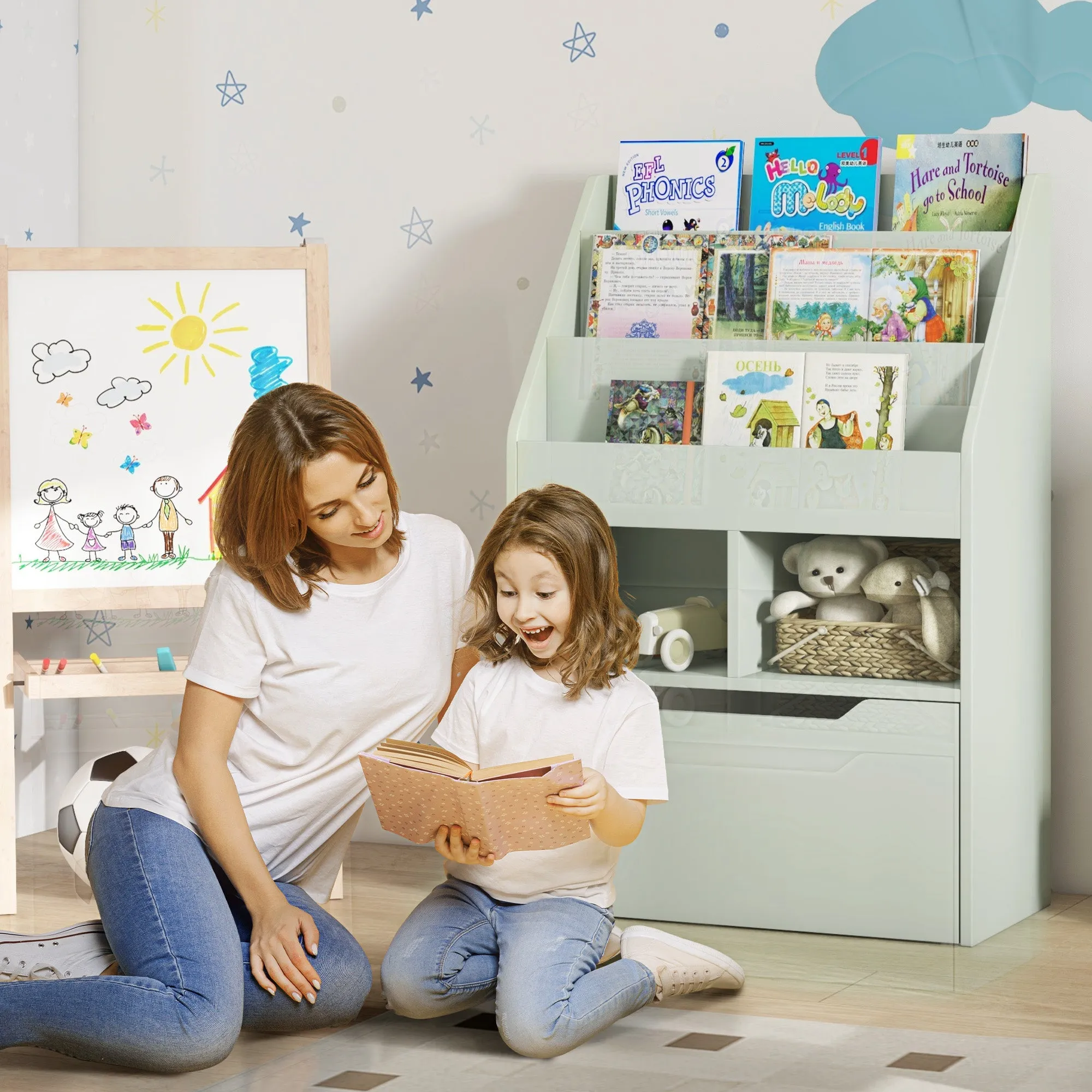 Small Children's Bookcase with MDF Shelves and Drawer, 60x29.9x90cm, Green - Image 2