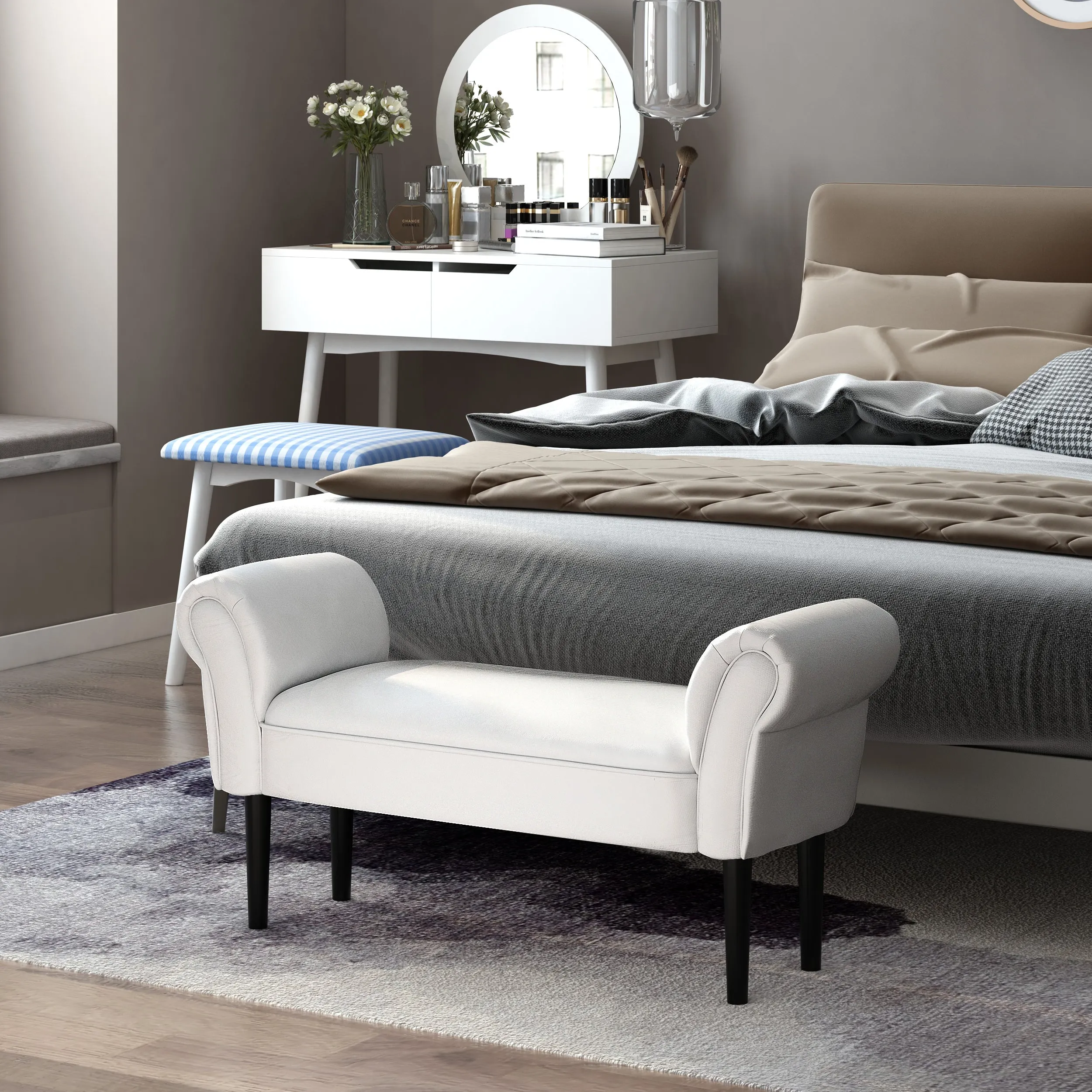 Padded Bed End Bench with Rolled Armrests and 4 Feet, 102x35x51 cm, White/Grey - Image 2