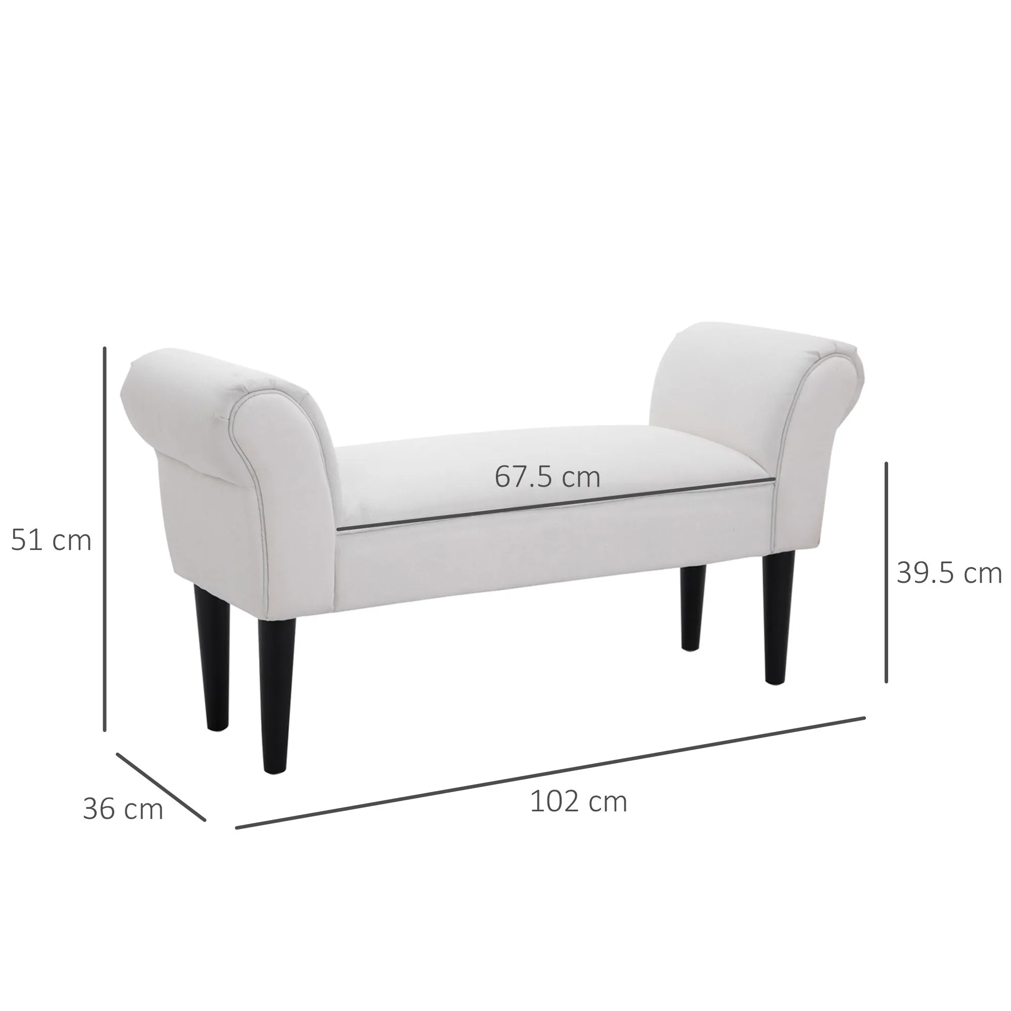 Padded Bed End Bench with Rolled Armrests and 4 Feet, 102x35x51 cm, White/Grey - Image 3