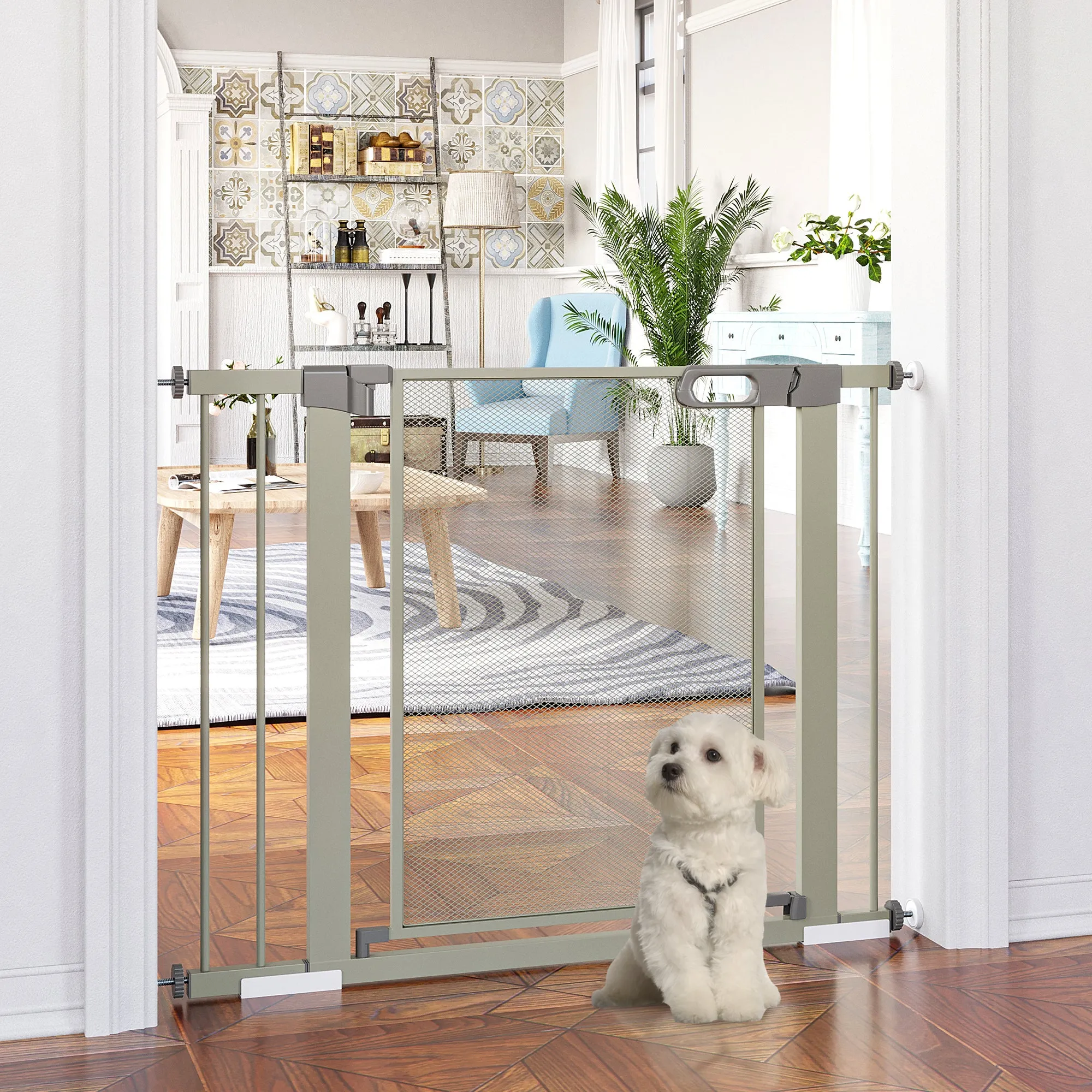 Push-Dog Gate with Automatic Closure, 75-103x76 cm, Grey - Image 2
