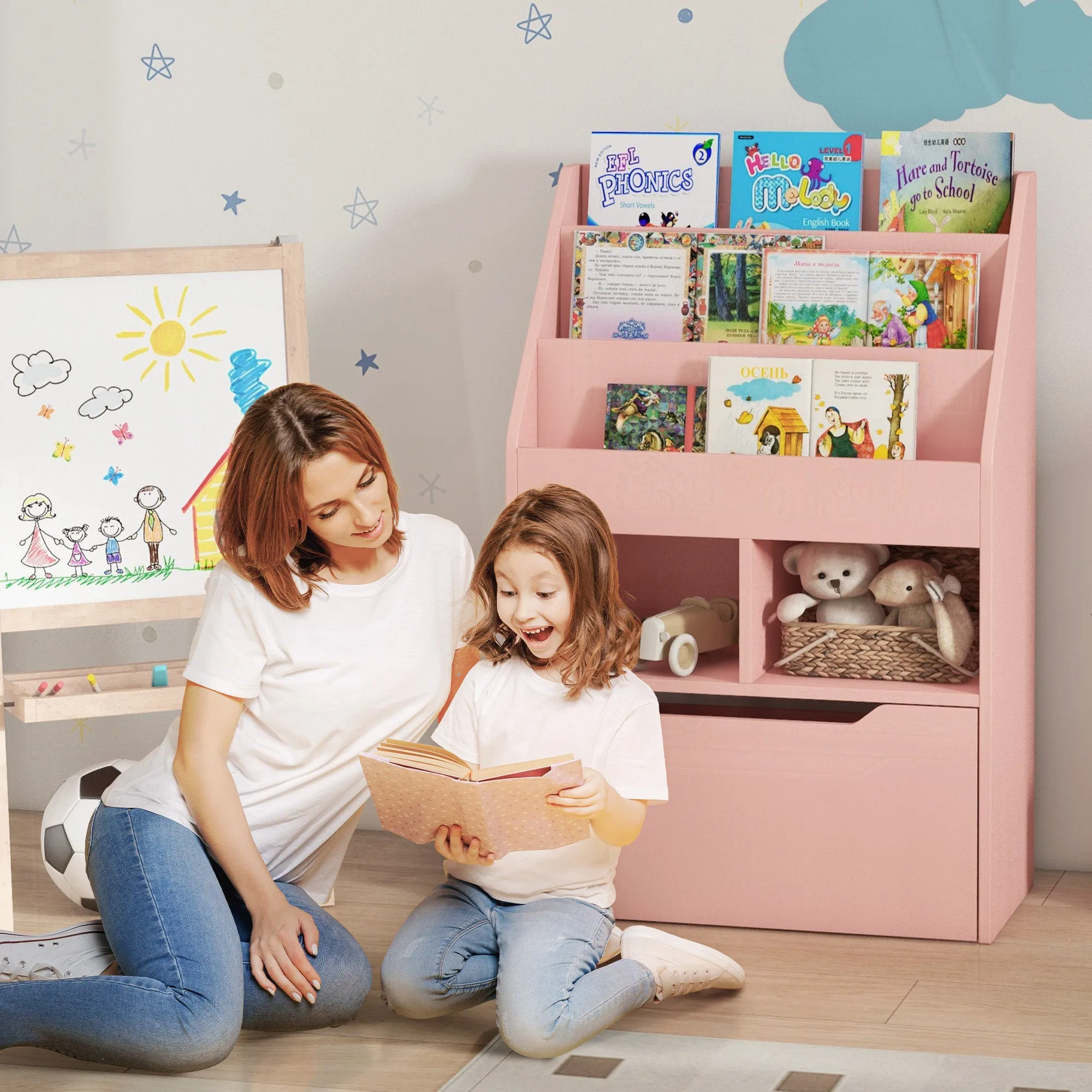 Small Children's Bookcase with MDF Shelves and Drawer, 60x29.9x90cm, Pink - Image 2