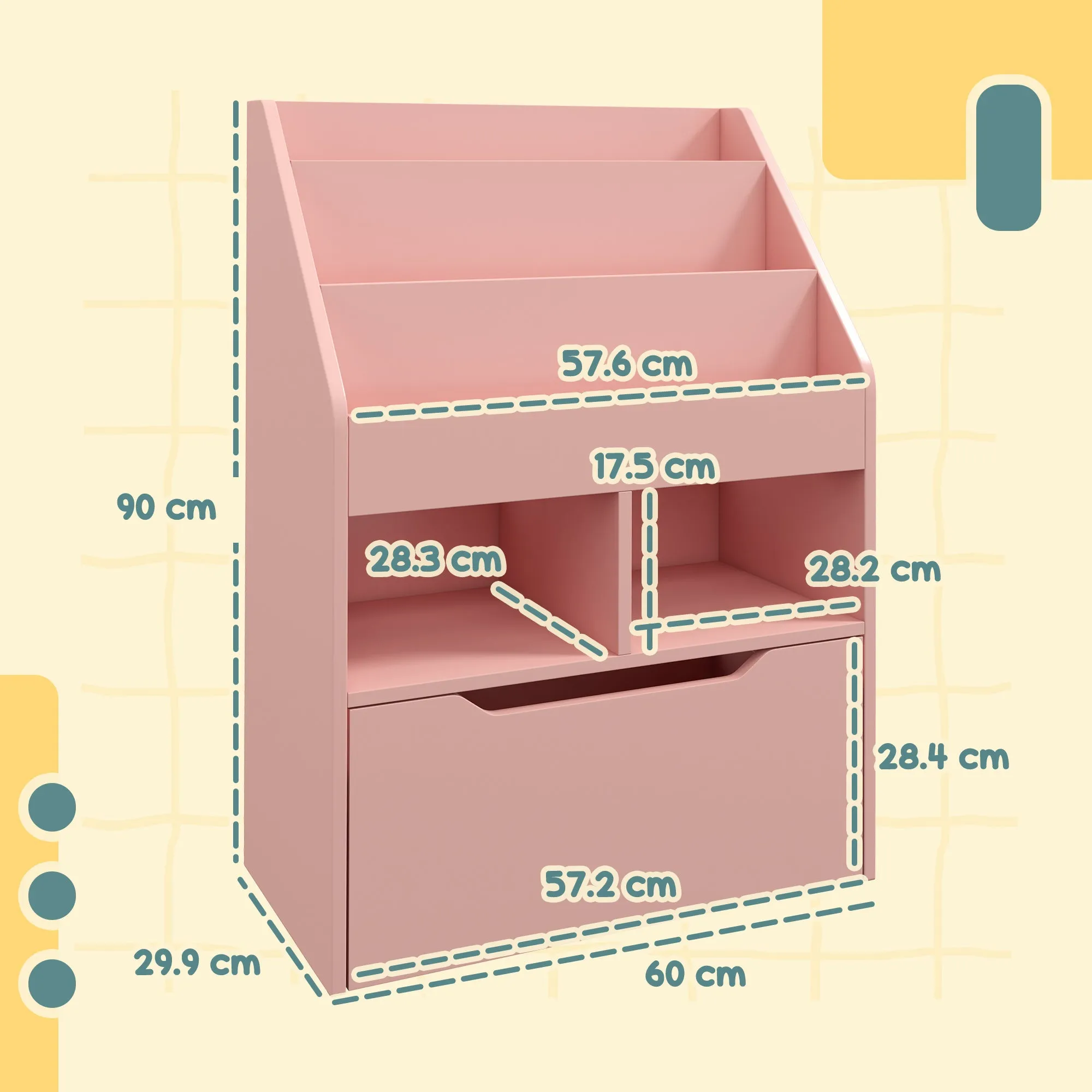 Small Children's Bookcase with MDF Shelves and Drawer, 60x29.9x90cm, Pink - Image 3