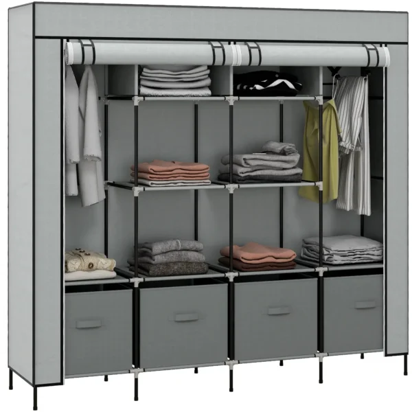 Fabric and Steel Wardrobe with 10 Shelves, 4 Drawers and Hinged Doors, Grey