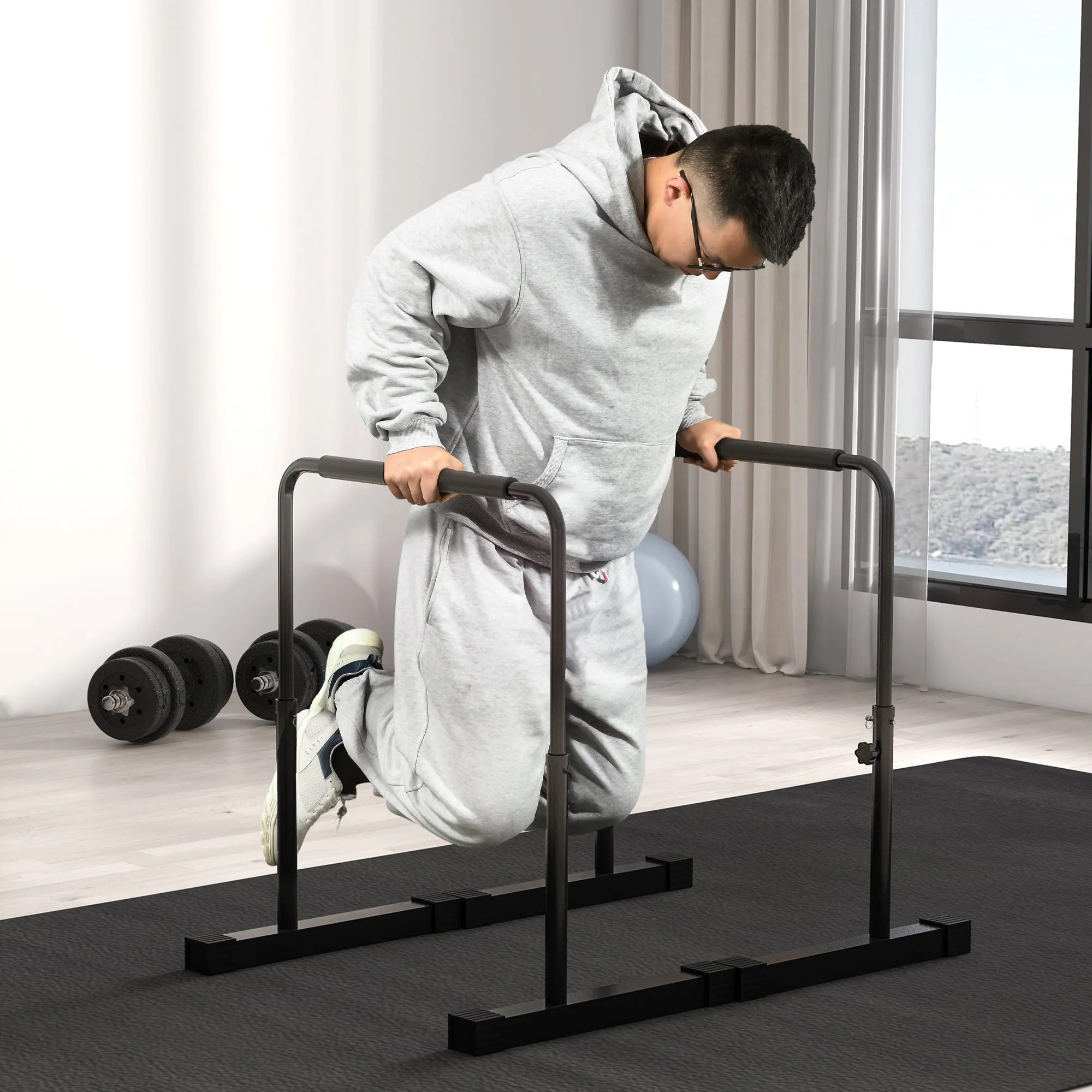 SPORTNOW Set of 2 Dip Bars Adjustable to 4 Heights with Non-Slip Steel Handles, 70x50x80-105 cm, Black - Image 2