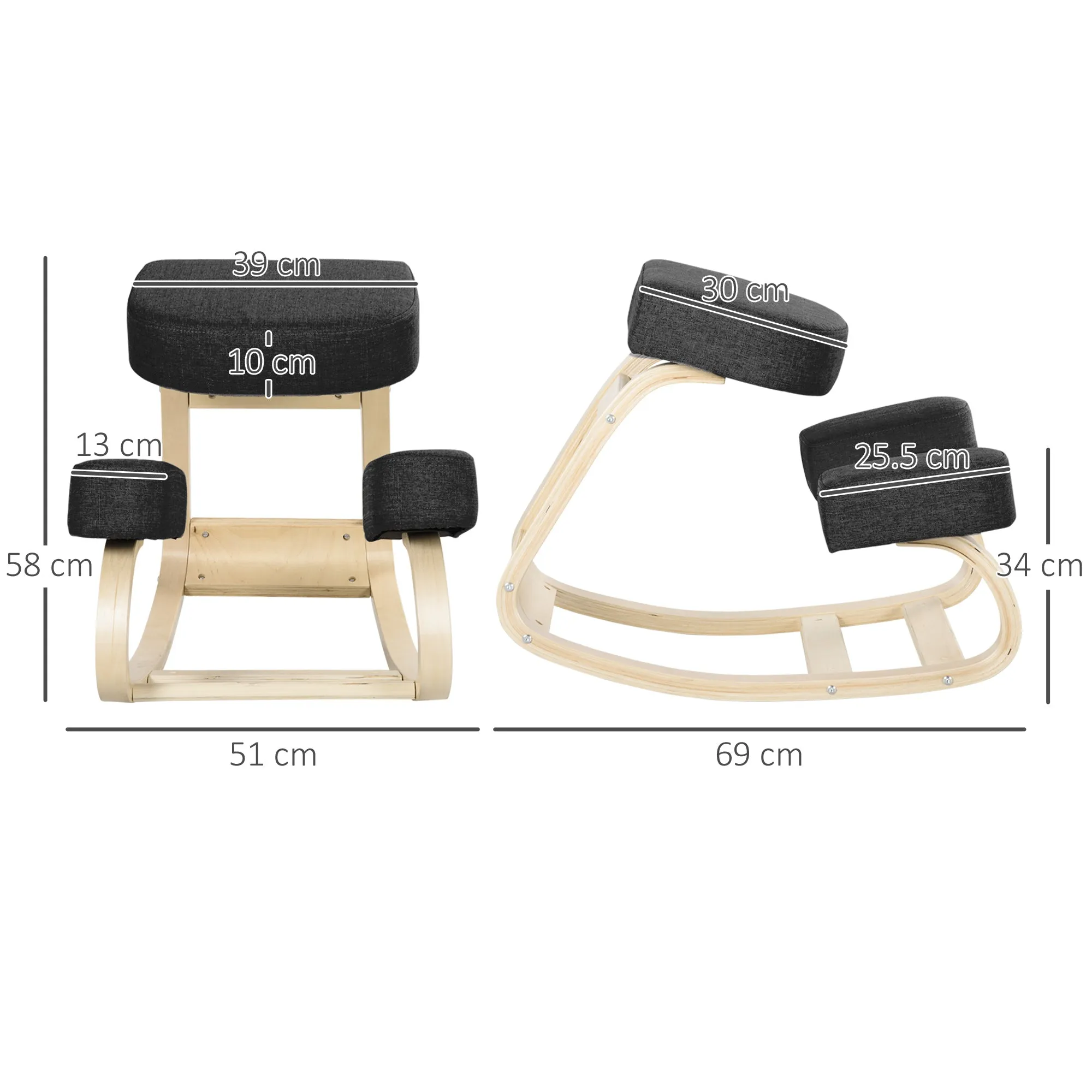 Ergonomic Kneeling Chair in Birch Wood and Cushion, 51x69x58cm, Black - Image 3