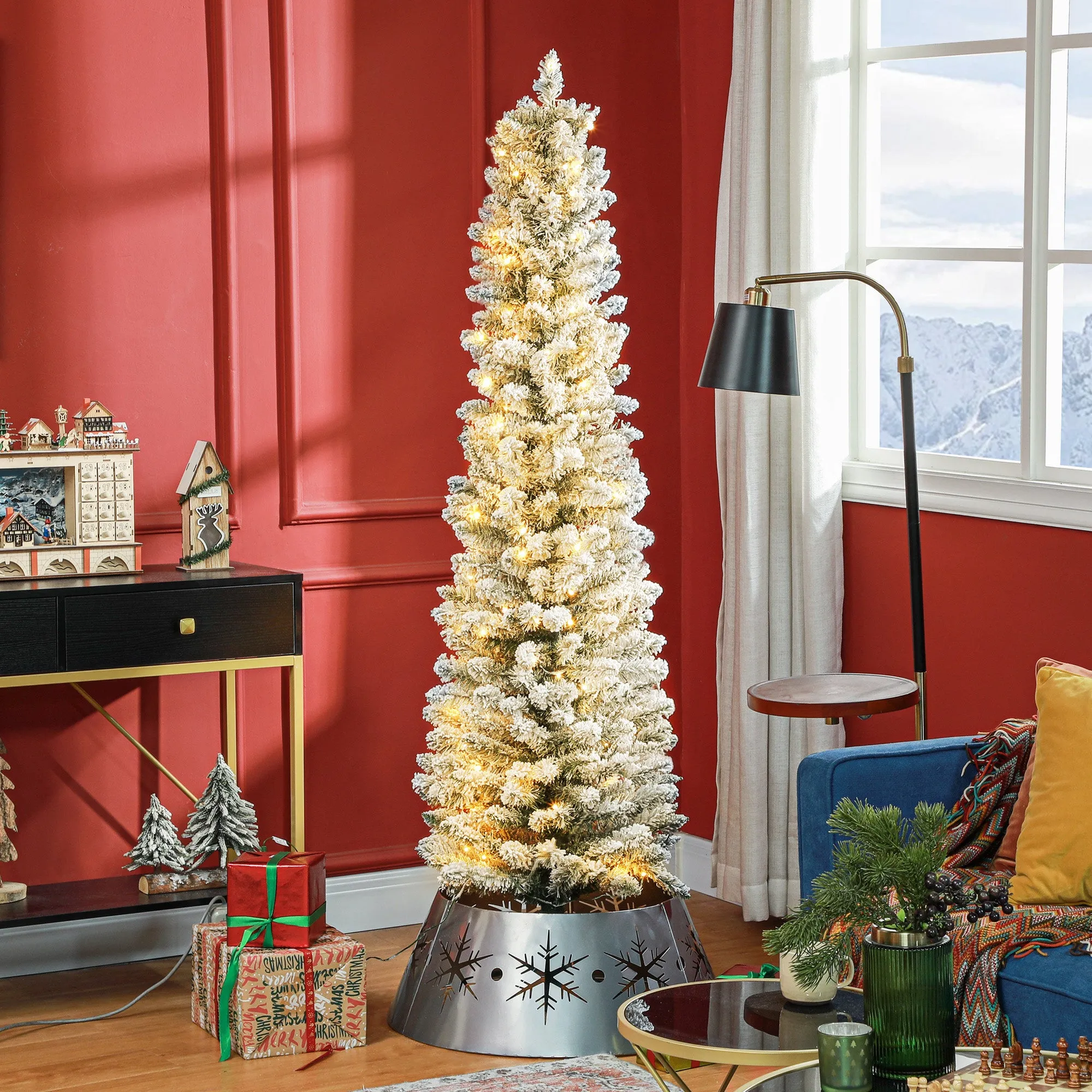 Snowy Christmas Tree with 329 Branches and White LED Lights, in Plastic and Metal, Ø52x180 cm, Green - Image 2