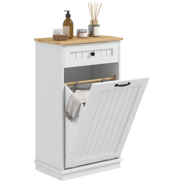 Wooden Bathroom Cabinet with Folding Fabric Laundry Basket and Drawer, White