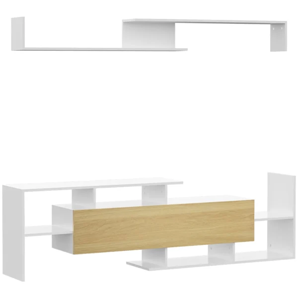 TV Cabinet with Wall Shelf, Open Shelves and Wooden Cabinet, White and Natural Wood