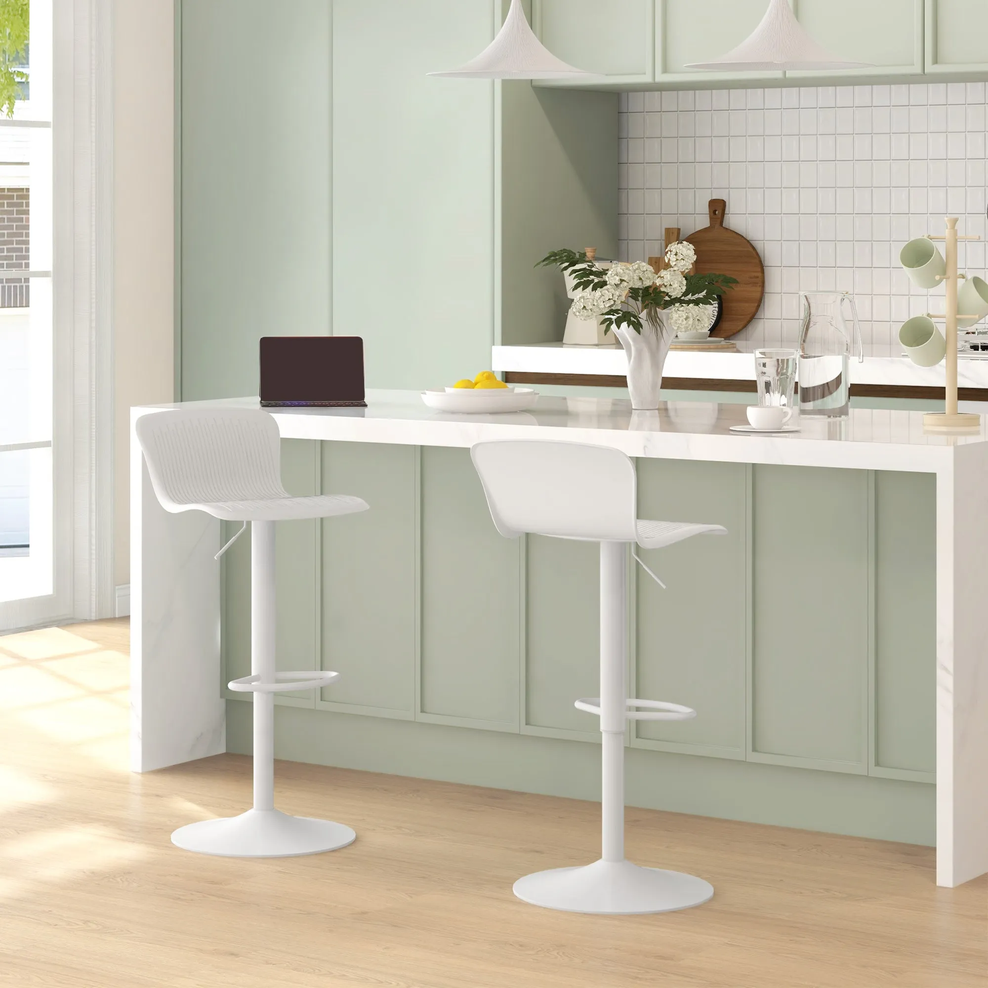 Set of 2 Bar Stools with Backrest, Swivel and Height-Adjustable, Polypropylene, White - Image 2