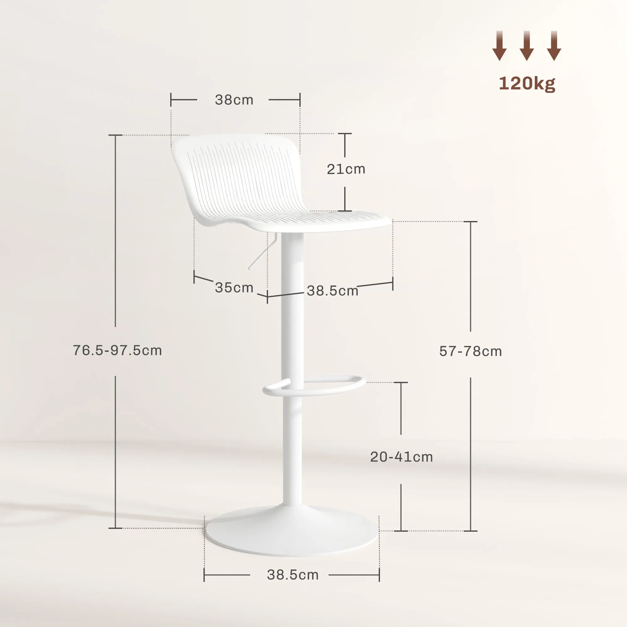Set of 2 Bar Stools with Backrest, Swivel and Height-Adjustable, Polypropylene, White - Image 3