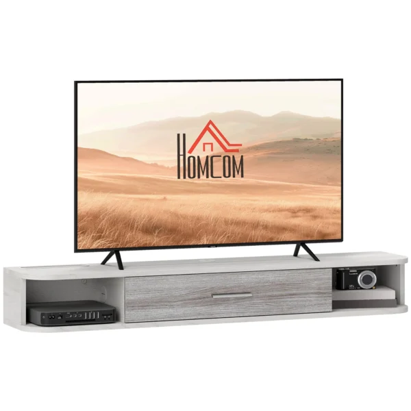 Wooden Wall Mounted TV Cabinet with 2 Open Shelves and Cabinet, 120x26x16 cm, White and Grey