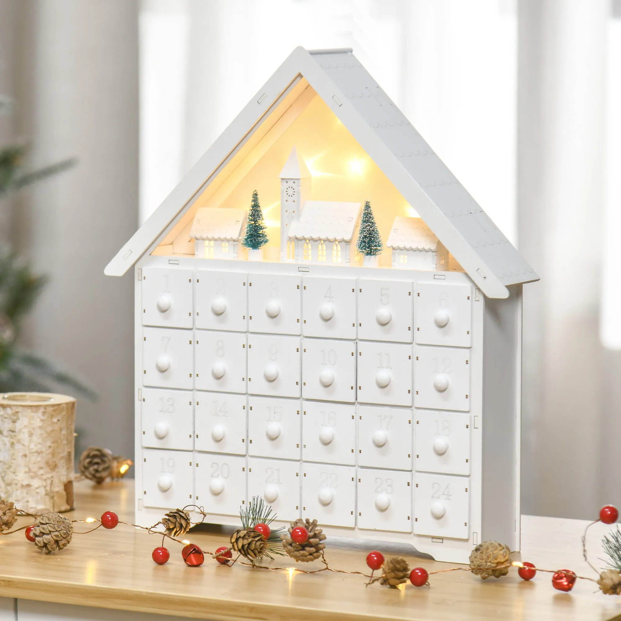 Wooden Advent Calendar to Fill with 24 Drawers and Christmas Village with Trees and Lights, 39x9x42cm - Image 2