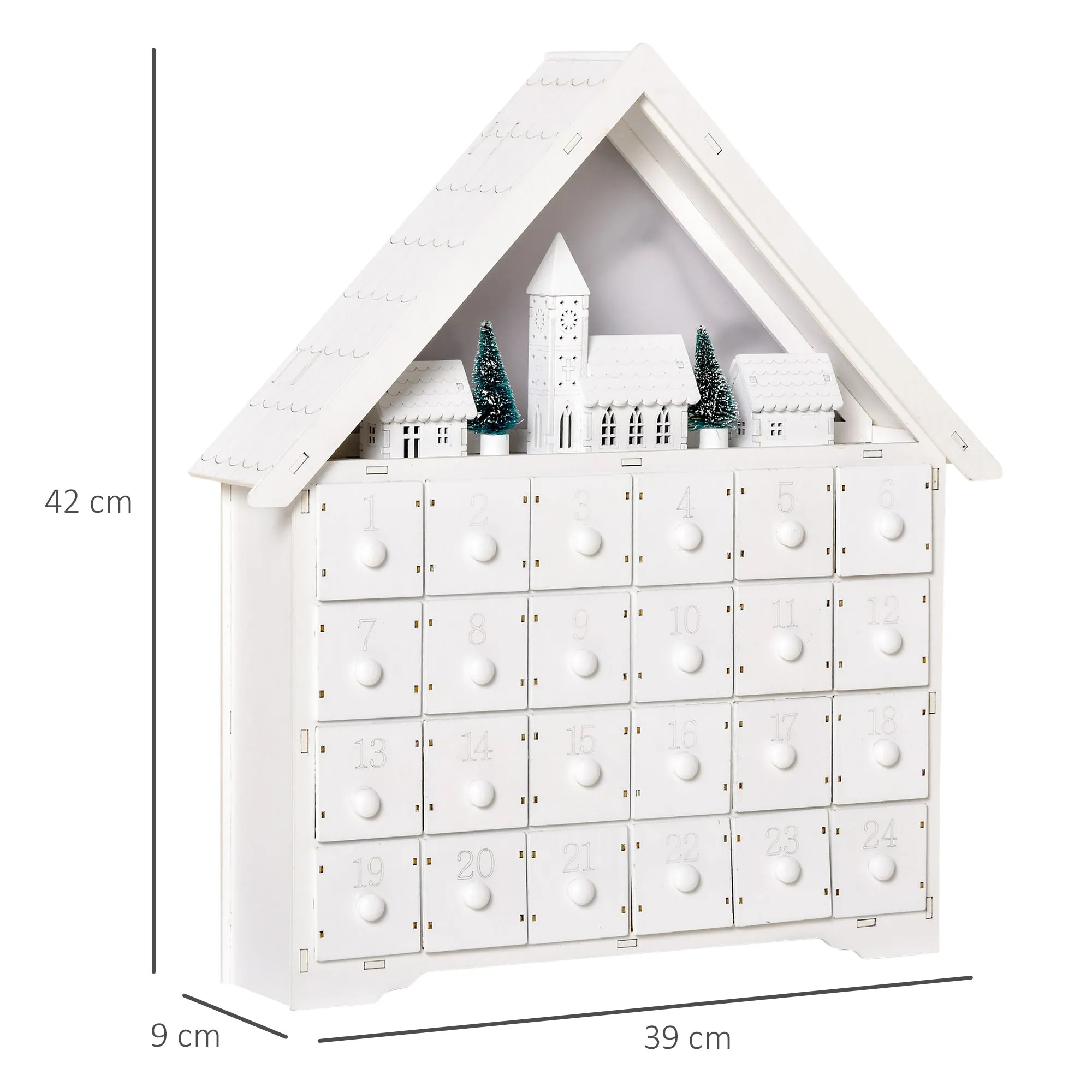 Wooden Advent Calendar to Fill with 24 Drawers and Christmas Village with Trees and Lights, 39x9x42cm - Image 3