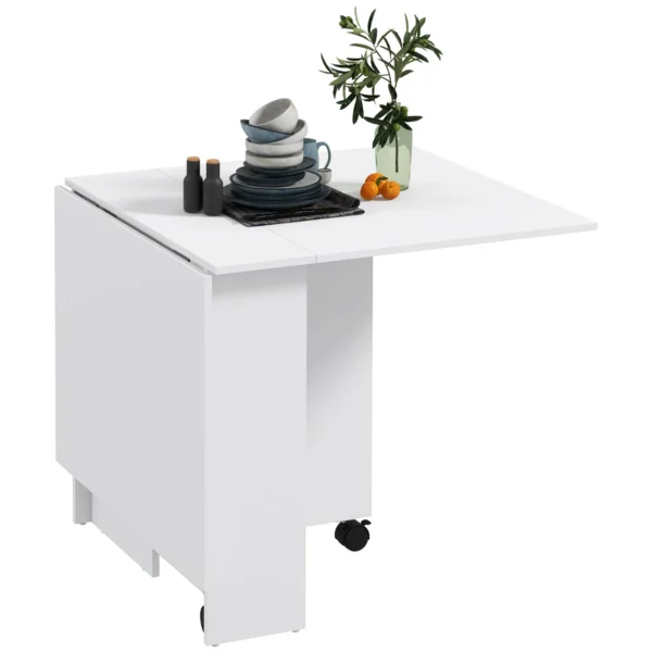 Space-Saving Folding Table with 2 Flaps for 6 People with Shelves and Wheels, White