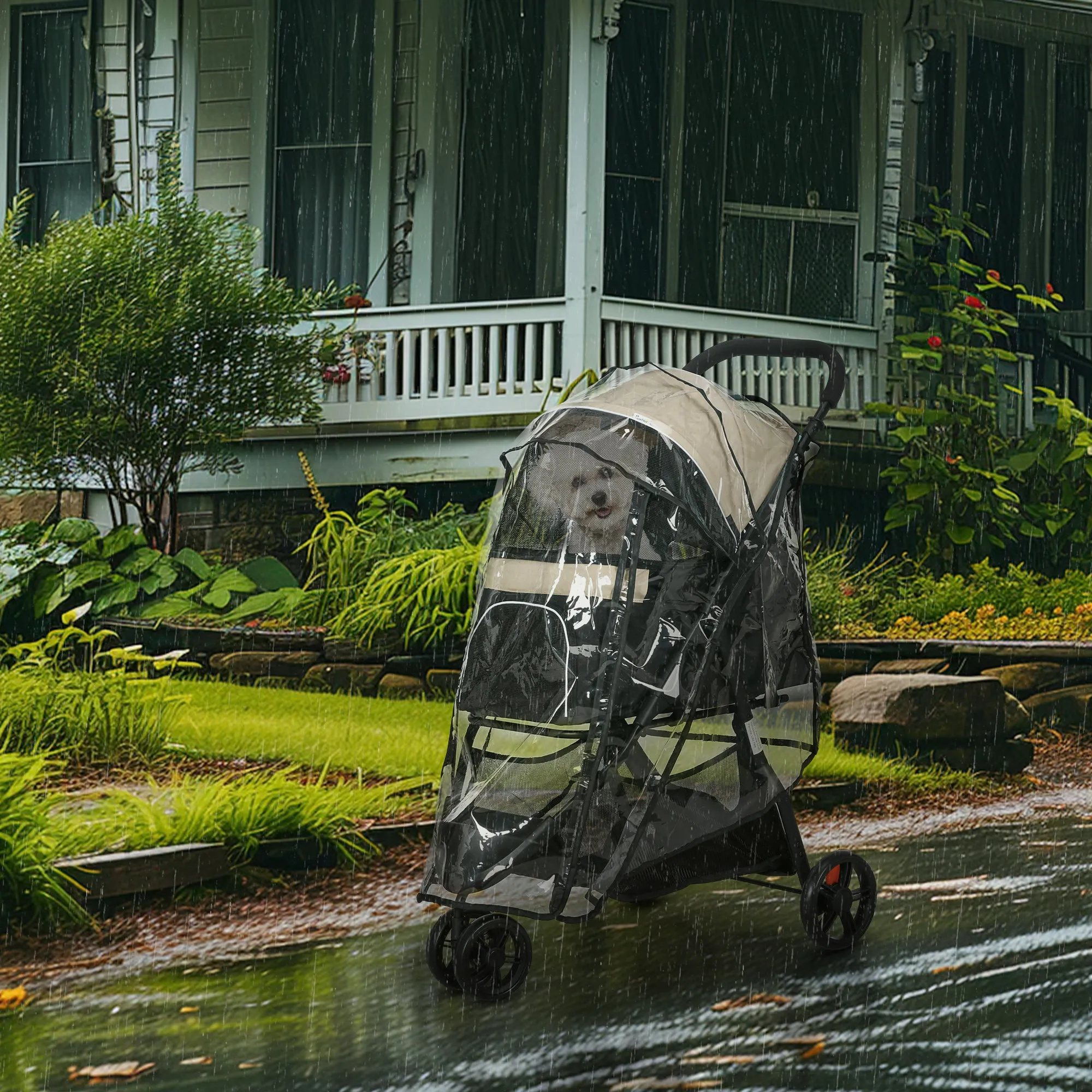 3-Wheel Folding Small Dog Stroller with Rain Cover and Basket, Khaki - Image 2