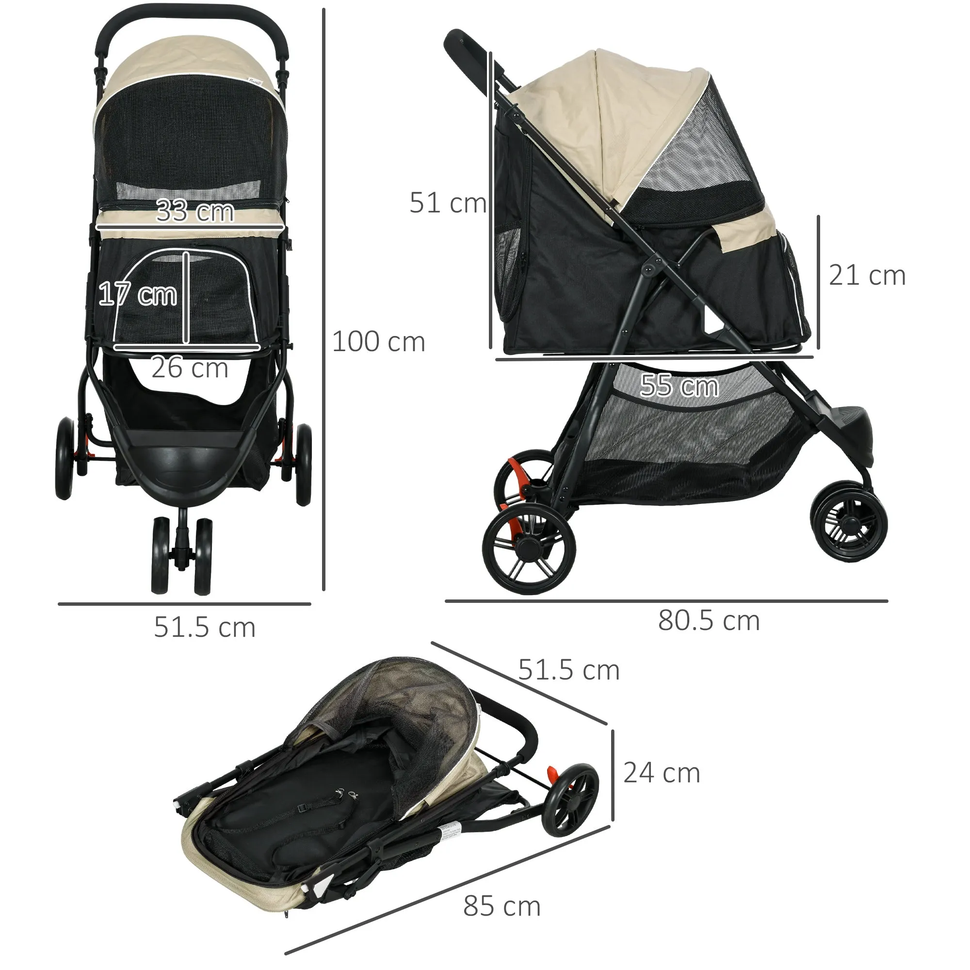 3-Wheel Folding Small Dog Stroller with Rain Cover and Basket, Khaki - Image 3