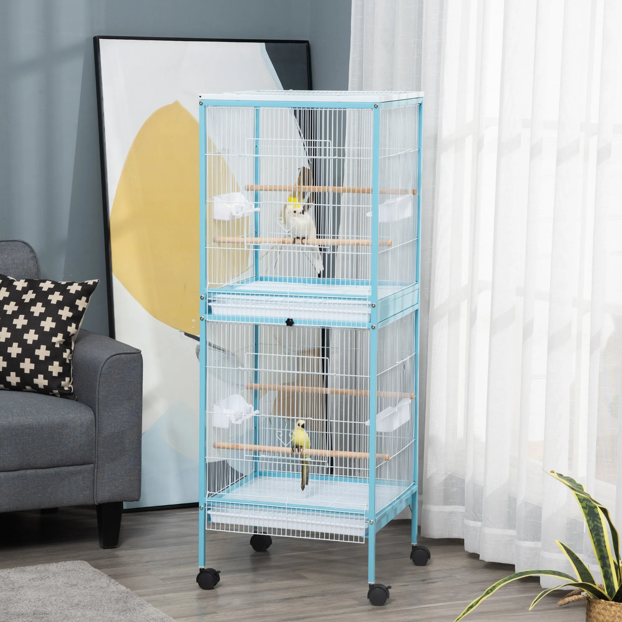2-in-1 Bird Cage Indoor Aviary with 4 Wheels and Removable Trays, 51.5x50x140cm - Image 2