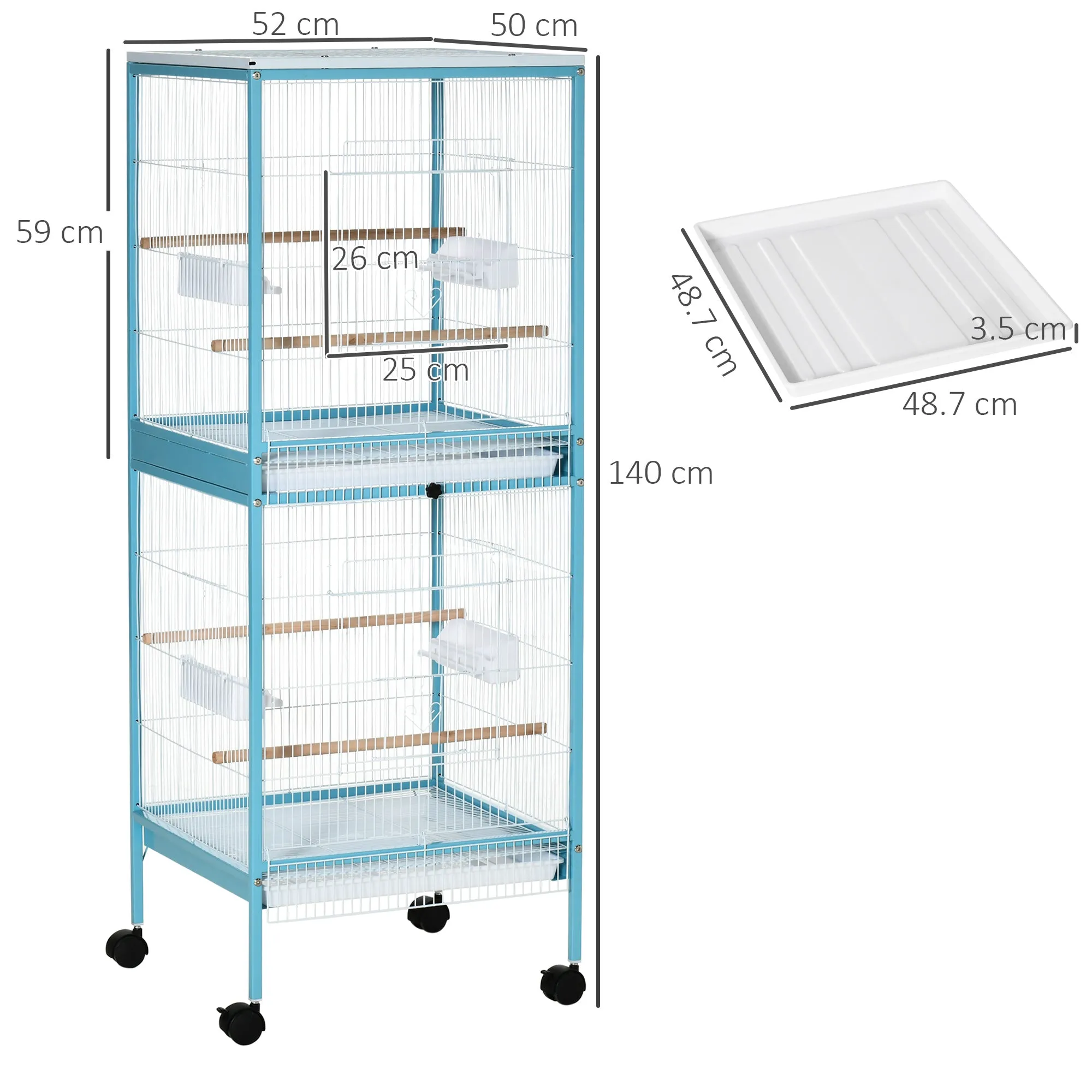 2-in-1 Bird Cage Indoor Aviary with 4 Wheels and Removable Trays, 51.5x50x140cm - Image 3