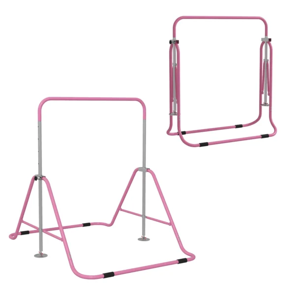 Folding Pull Up Bar for Children 3-8 Years with Adjustable Heights in Steel, 154x106.2x88.5-128.5cm, Pink