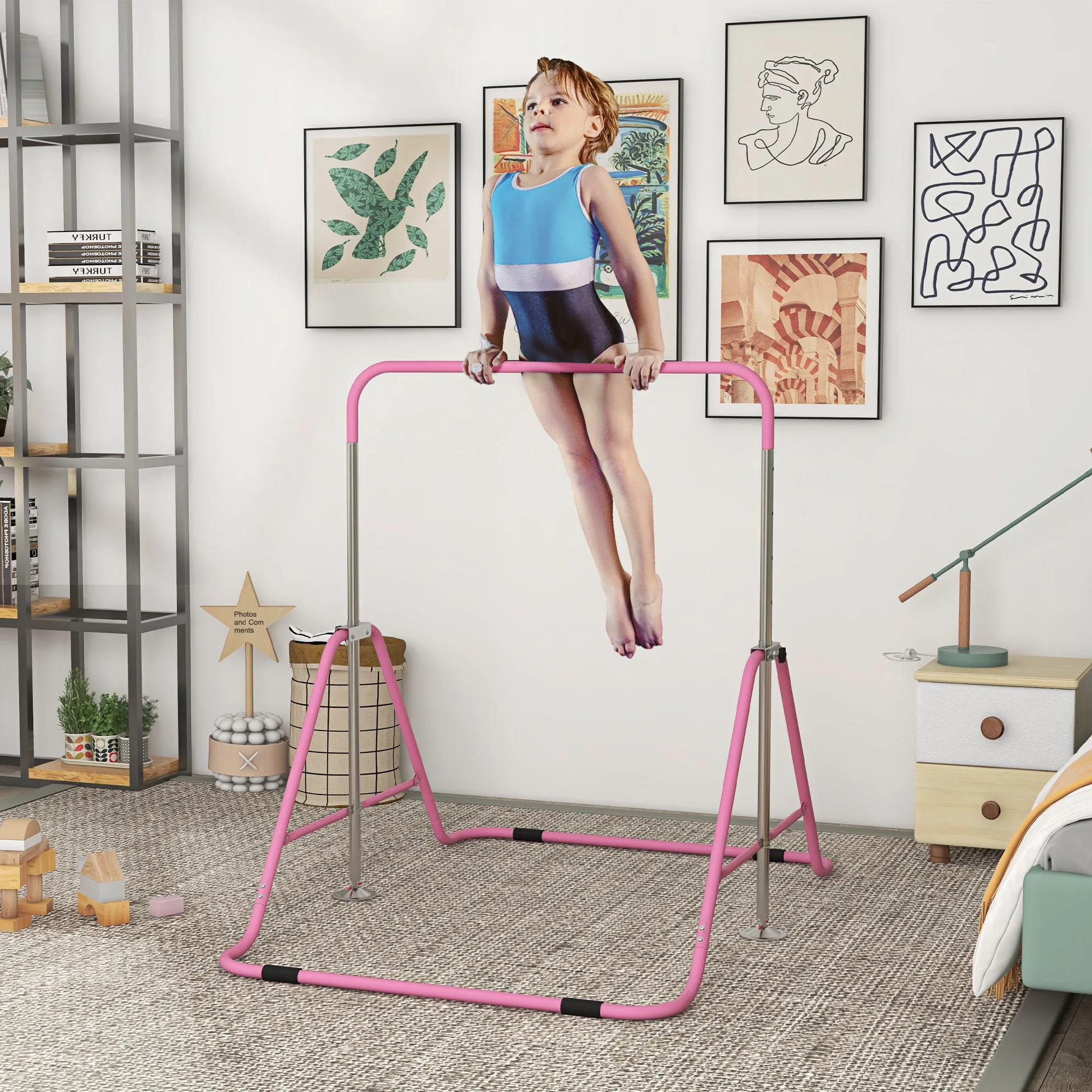 Folding Pull Up Bar for Children 3-8 Years with Adjustable Heights in Steel, 154x106.2x88.5-128.5cm, Pink - Image 2
