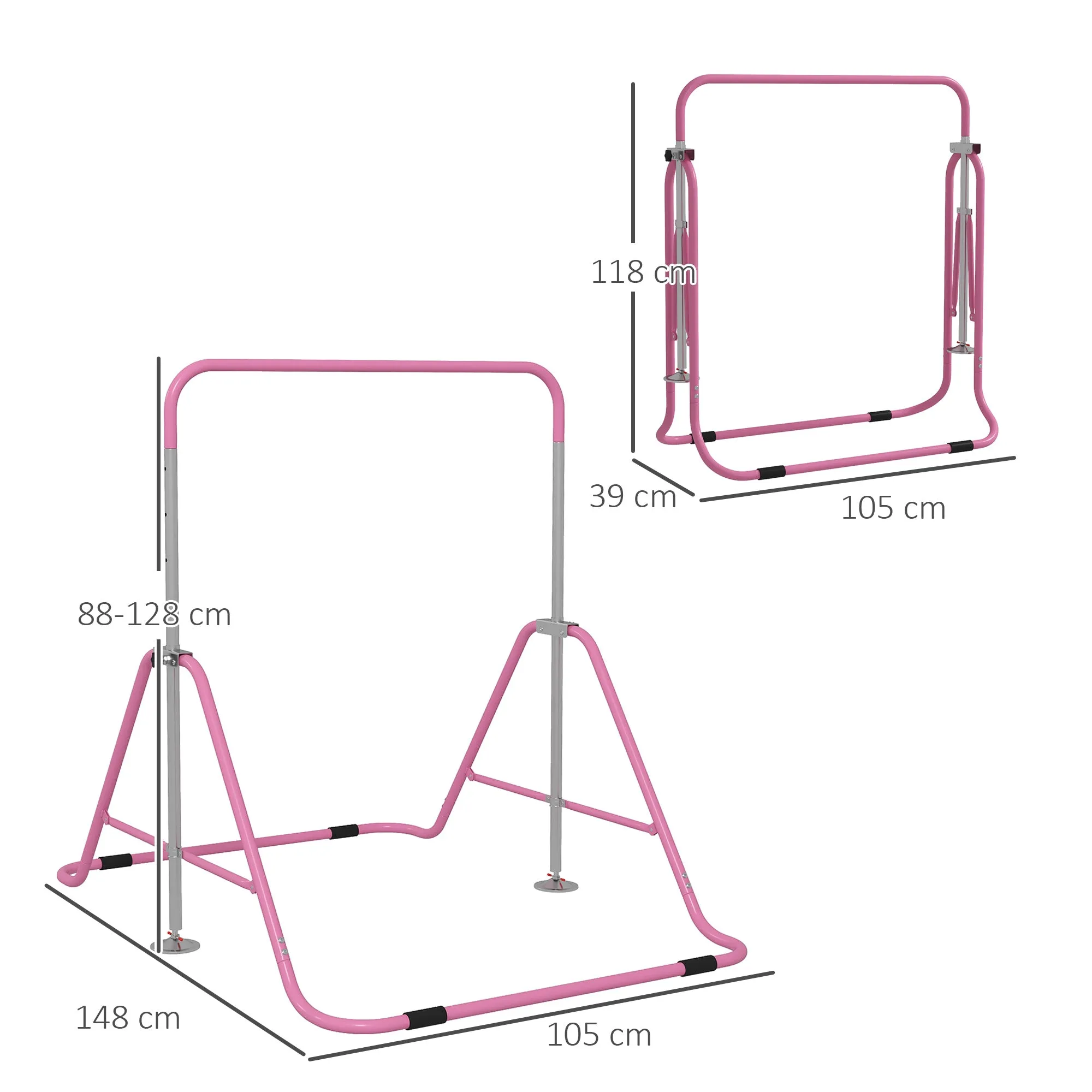 Folding Pull Up Bar for Children 3-8 Years with Adjustable Heights in Steel, 154x106.2x88.5-128.5cm, Pink - Image 3