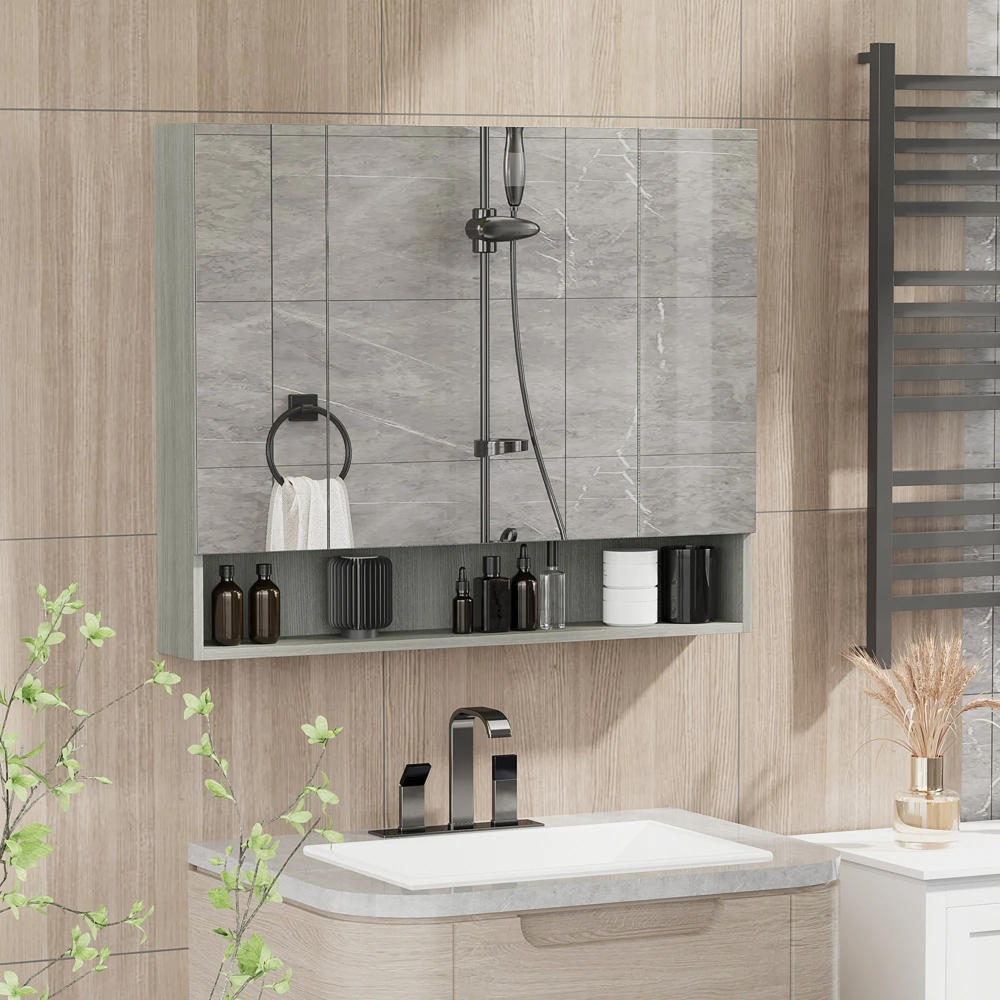 4 Section Mirror Cabinet with Adjustable Shelves, Wood and Glass, 90x15x75 cm, Grey - Image 2