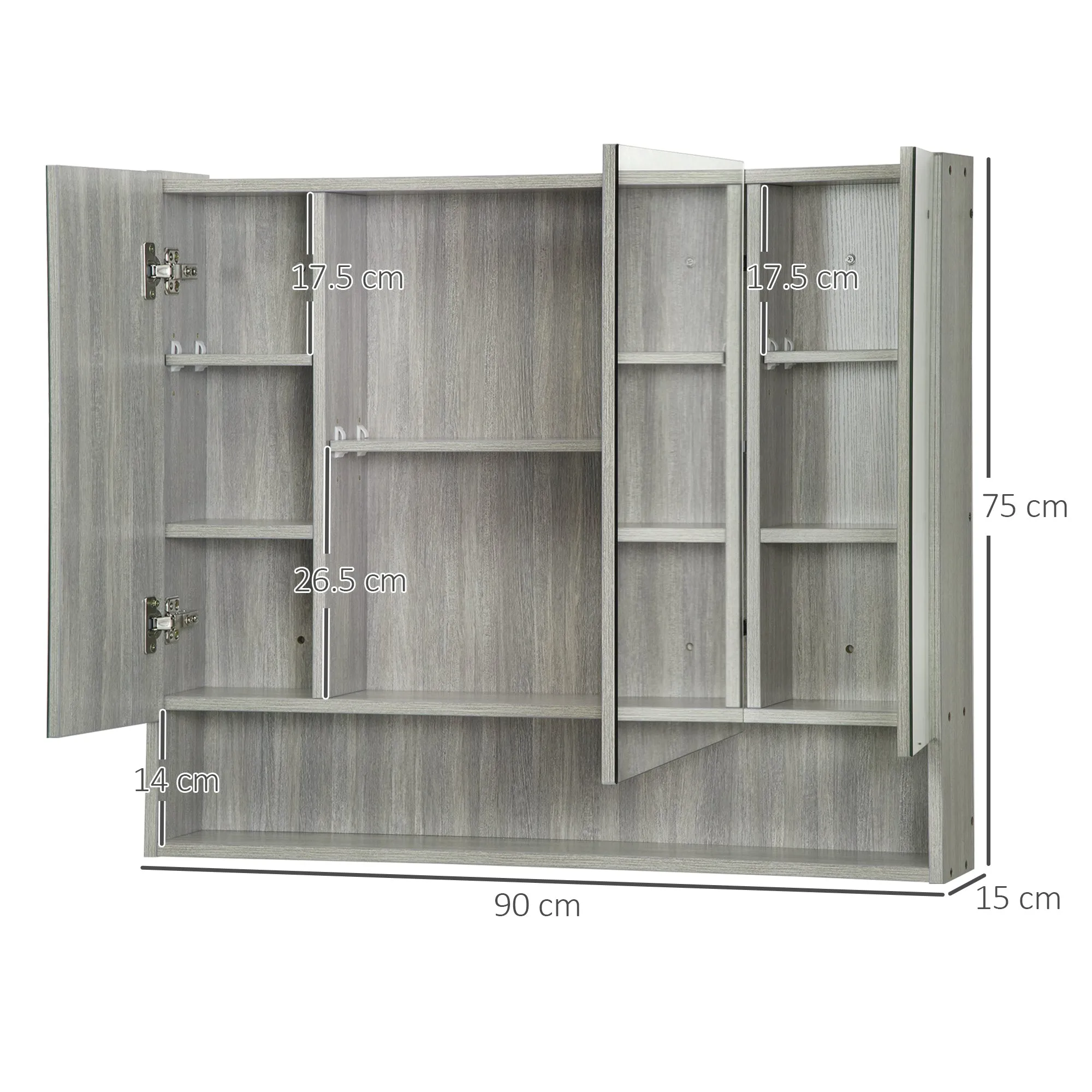 4 Section Mirror Cabinet with Adjustable Shelves, Wood and Glass, 90x15x75 cm, Grey - Image 3