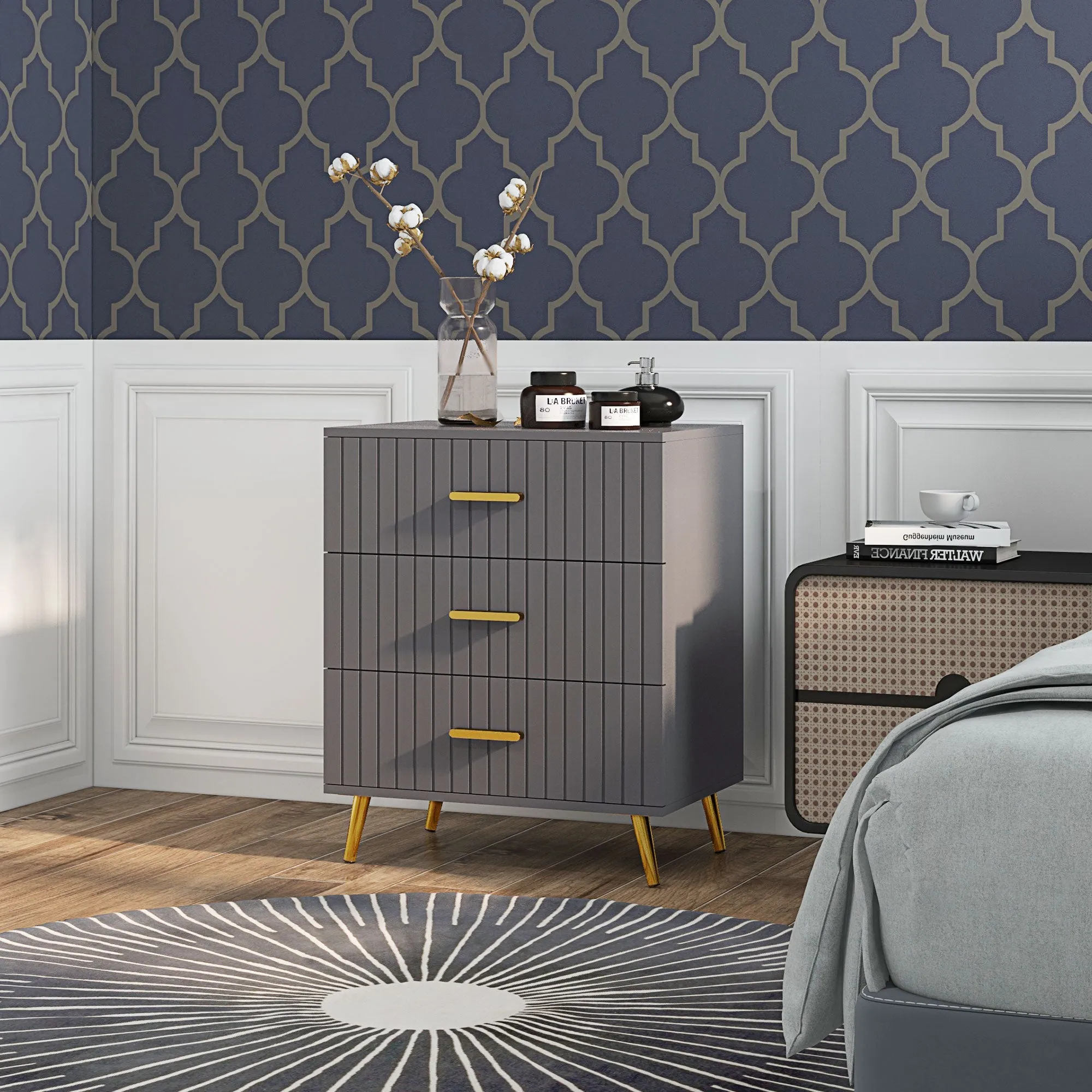 Modern 3 Drawer Chest of Drawers in Wood and Aluminum, 60x40x71.5 cm, Gold and Dark Grey - Image 2