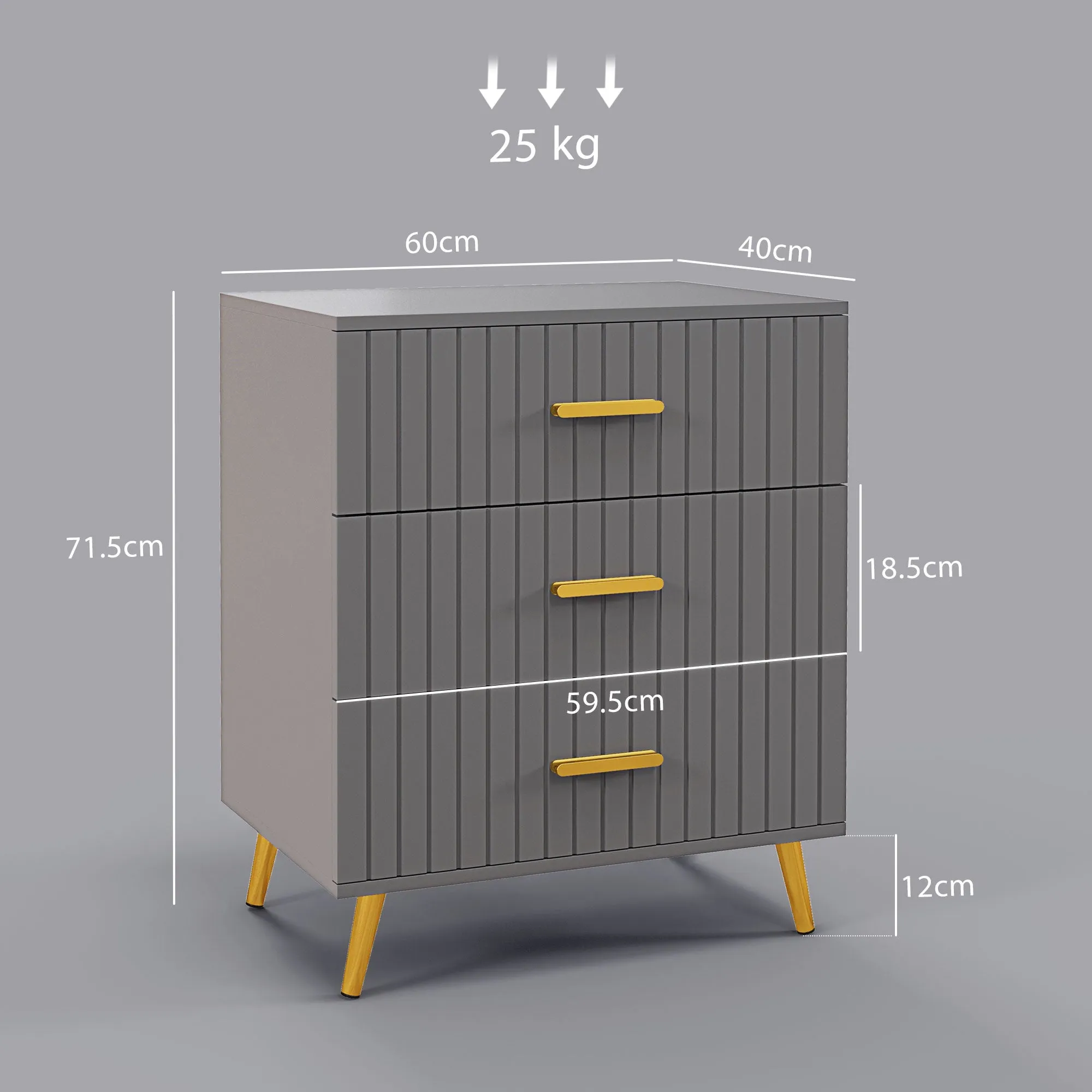 Modern 3 Drawer Chest of Drawers in Wood and Aluminum, 60x40x71.5 cm, Gold and Dark Grey - Image 3