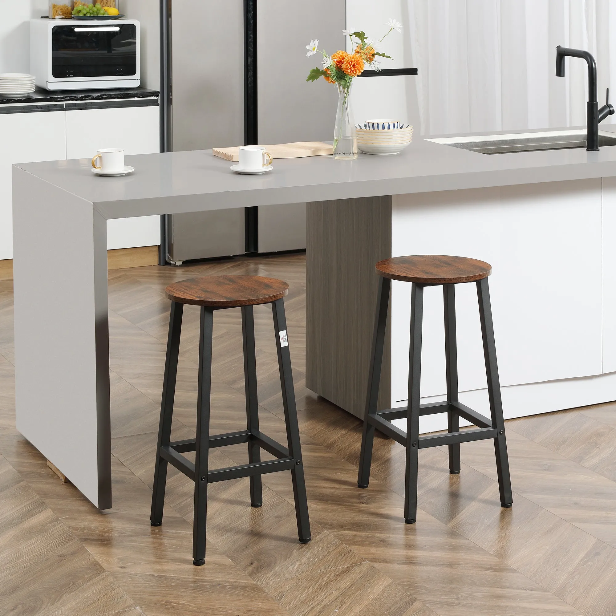 Set of 2 Kitchen Stools in Chipboard and Steel with Smooth Top and Footrest, 32.5x32.5x65 cm, Brown - Image 2
