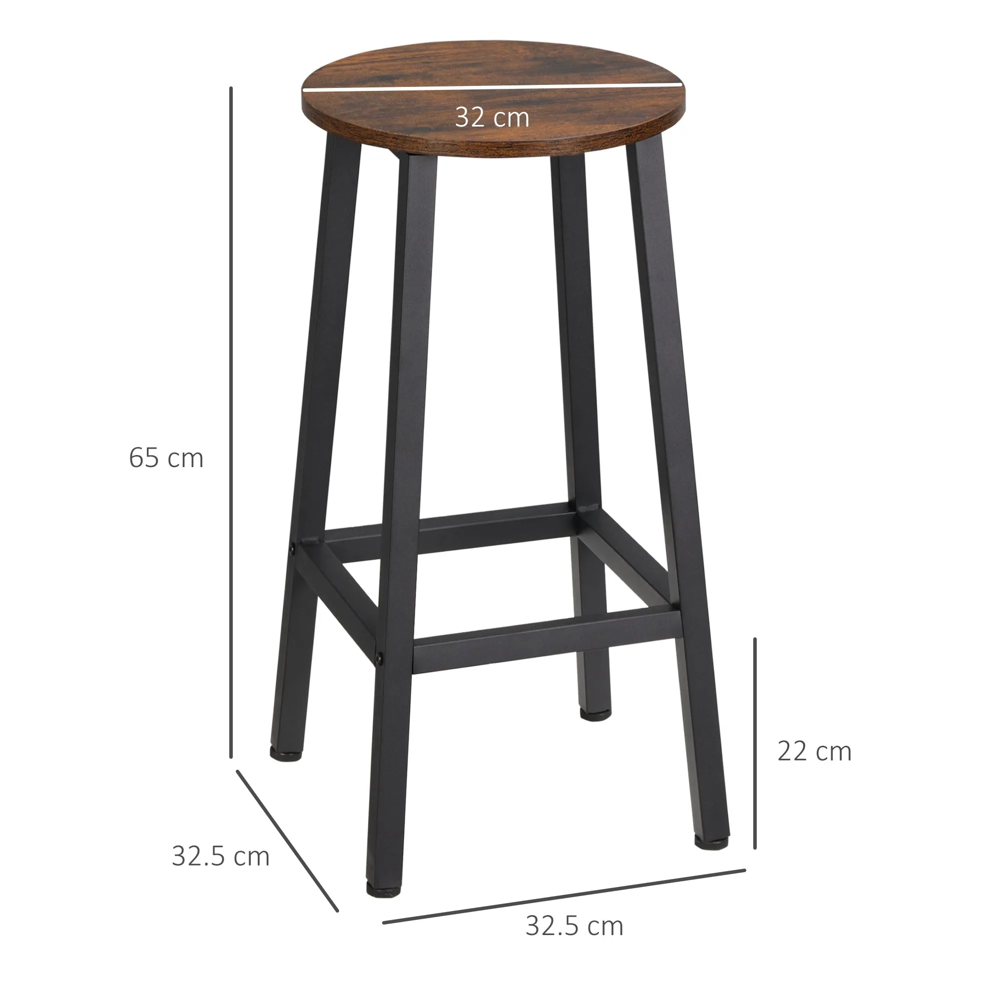 Set of 2 Kitchen Stools in Chipboard and Steel with Smooth Top and Footrest, 32.5x32.5x65 cm, Brown - Image 3