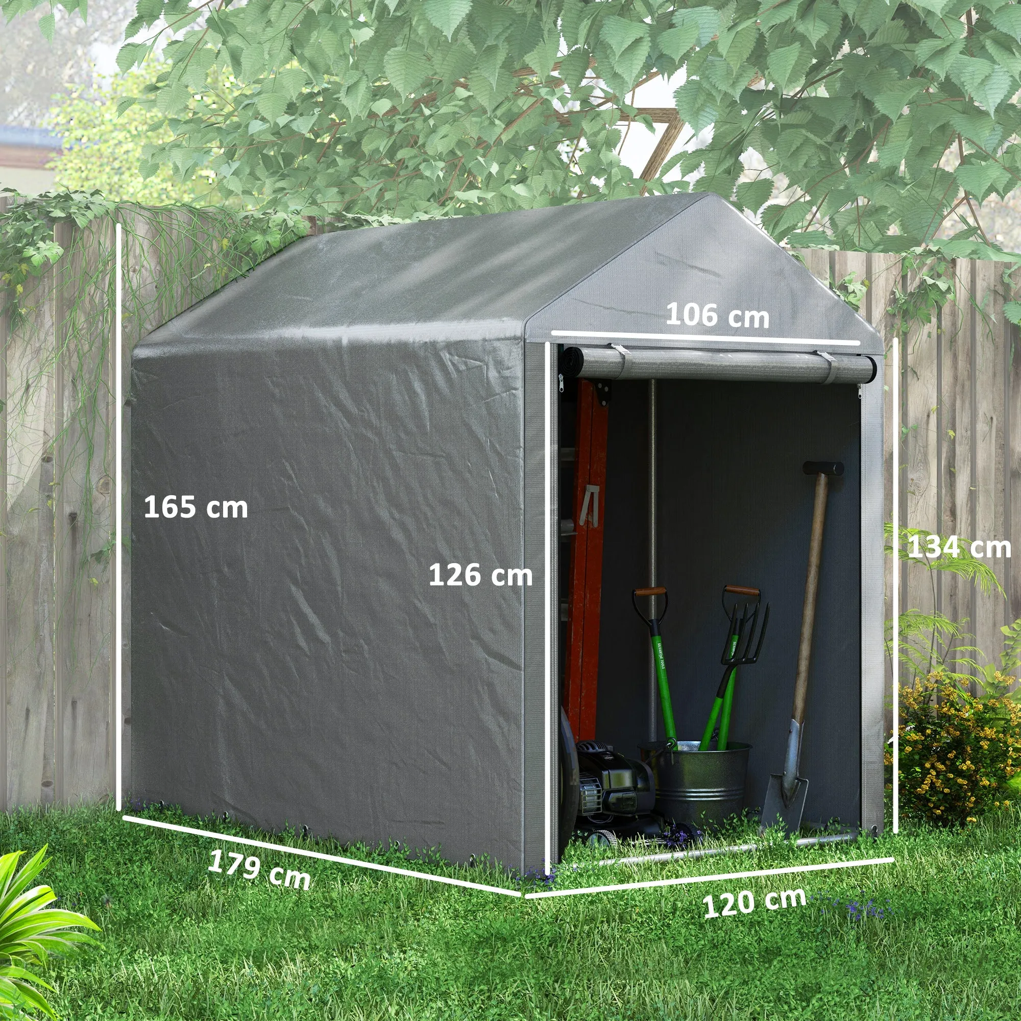 Tool Shed Garage Tent with UV Cover and Metal Frame, 120x179x165cm, Light Grey - Image 3