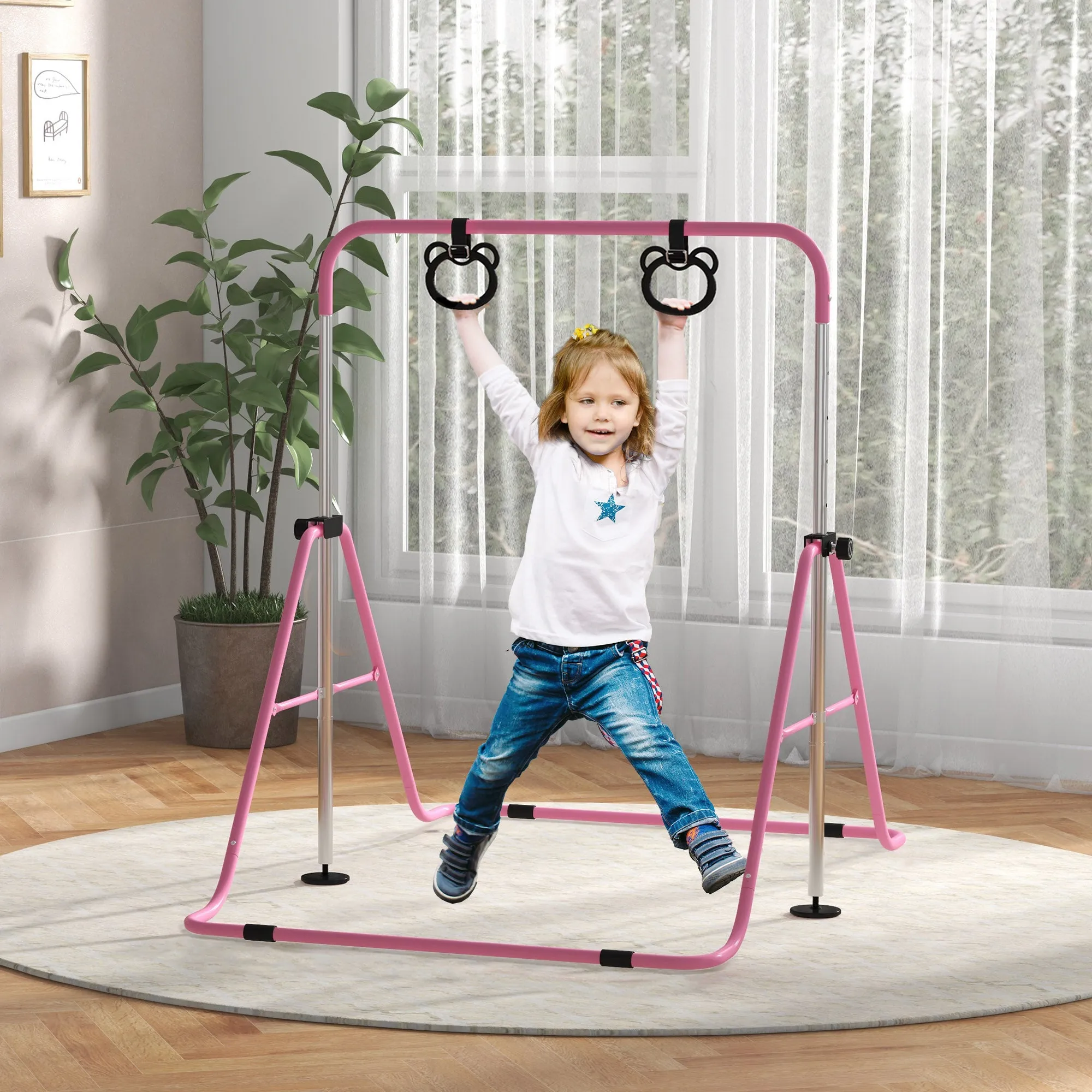 Height Adjustable Gymnastics Bar for Children with 2 Rings, Steel, 148x105x88-128 cm, Pink - Image 2